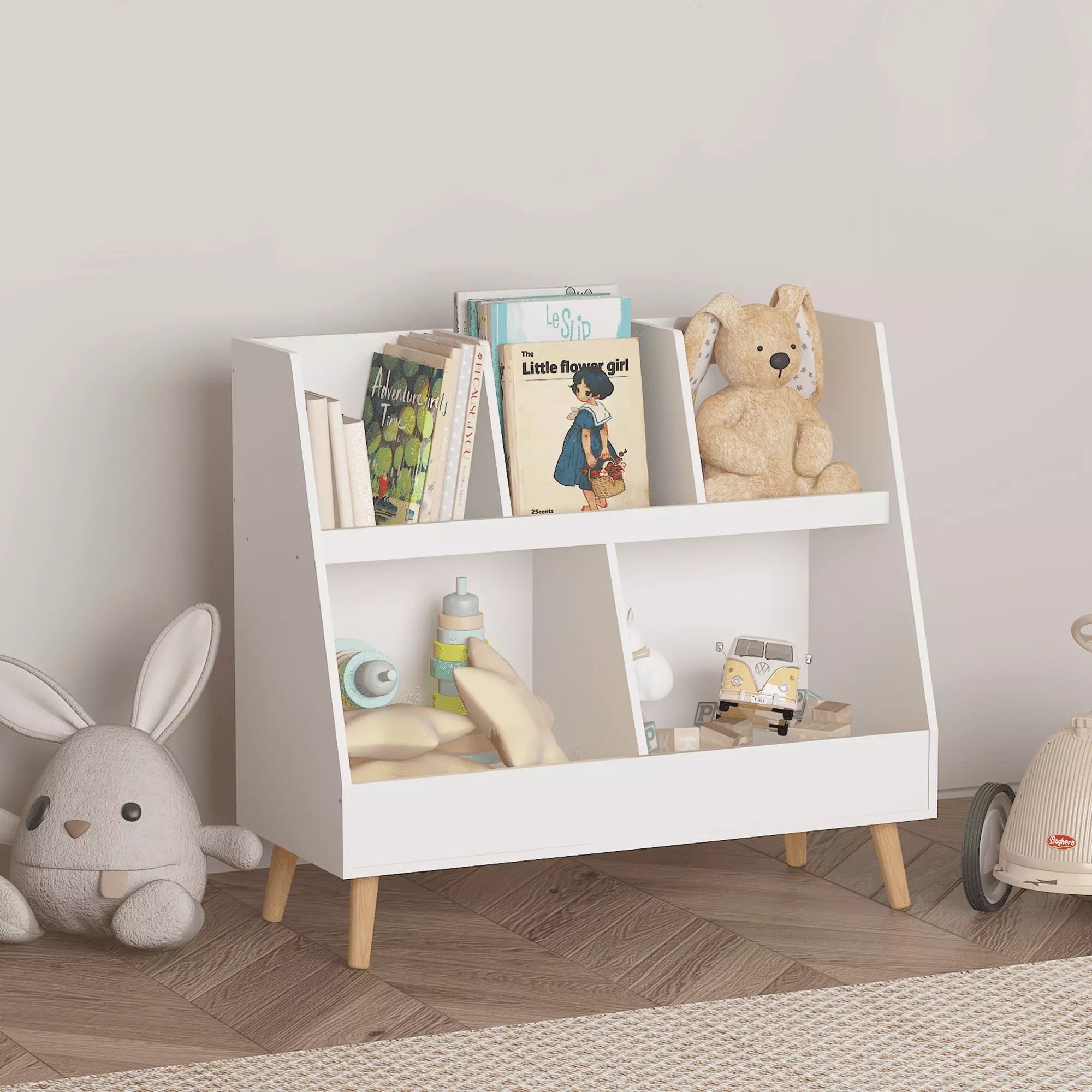 5 Cubbies Wooden Open Bookcase Toy Organizer - 2-Tier Baby Storage Display Legs Nursery Bedroom Classroom ANCEL