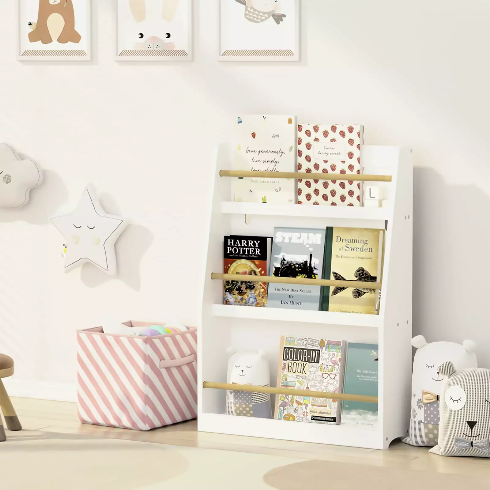 Kids Bookshelf 3 Tiers Book Shelf and Storage Kids Rooms Wooden Bookcase Rack Wall Bedroom Study Living Room White axezoom