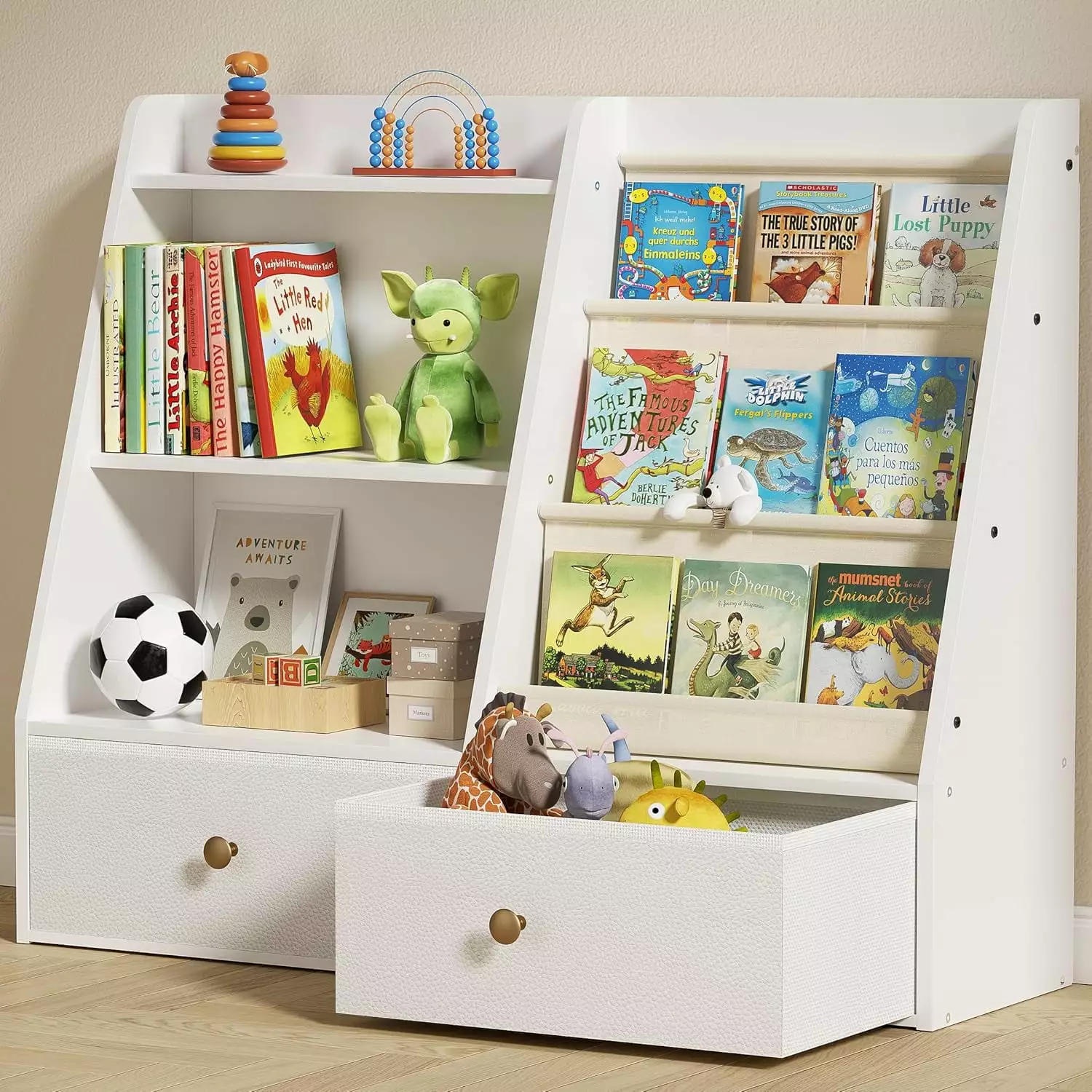 3 Tier Kids Bookshelf Drawers - Baby Wooden Bookcase Nursery and Playroom B&B Charcoal