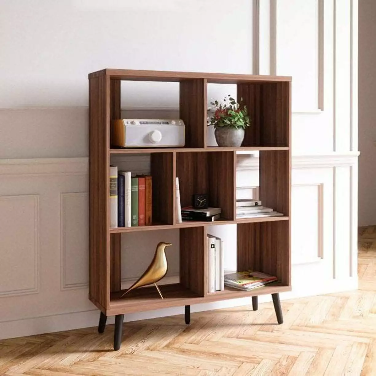 Bestier 37 Inch Bookcase Open Storage Bookshelf Cube Organizer Shelves Walnut
