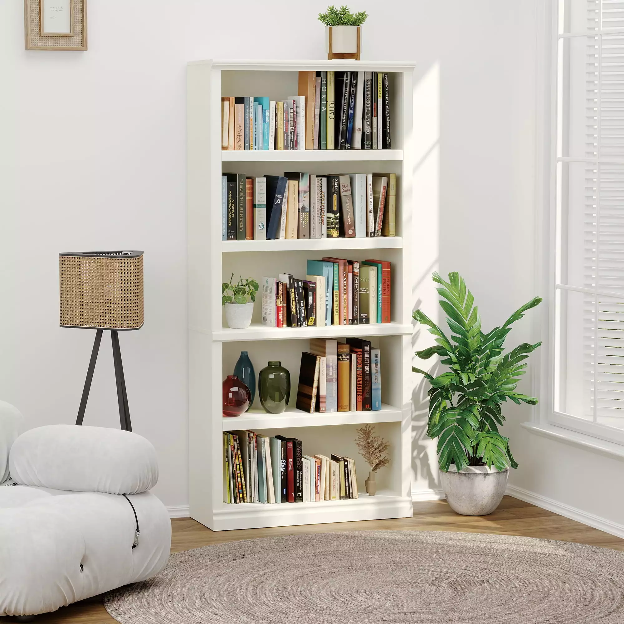 Bevfint Open Storage Tall White Bookcase 5 Tier Floor Standing Bookshelves Farmhouse Library Office Bedroom Kids