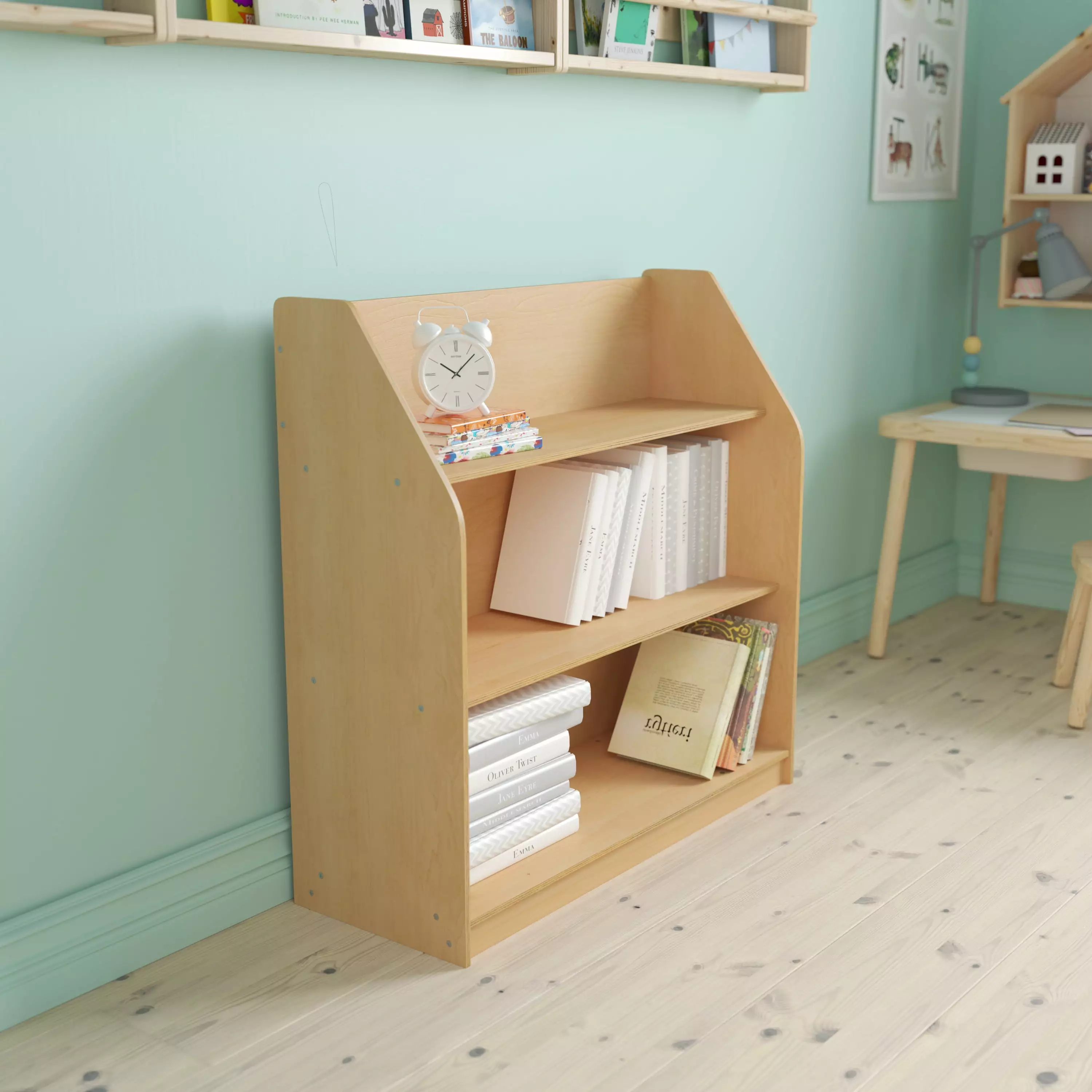 BizChair Natural Wooden 3 Shelf Book Display Safe Kid Friendly Curved Edges Commercial Grade Daycare Classroom or Playroom...