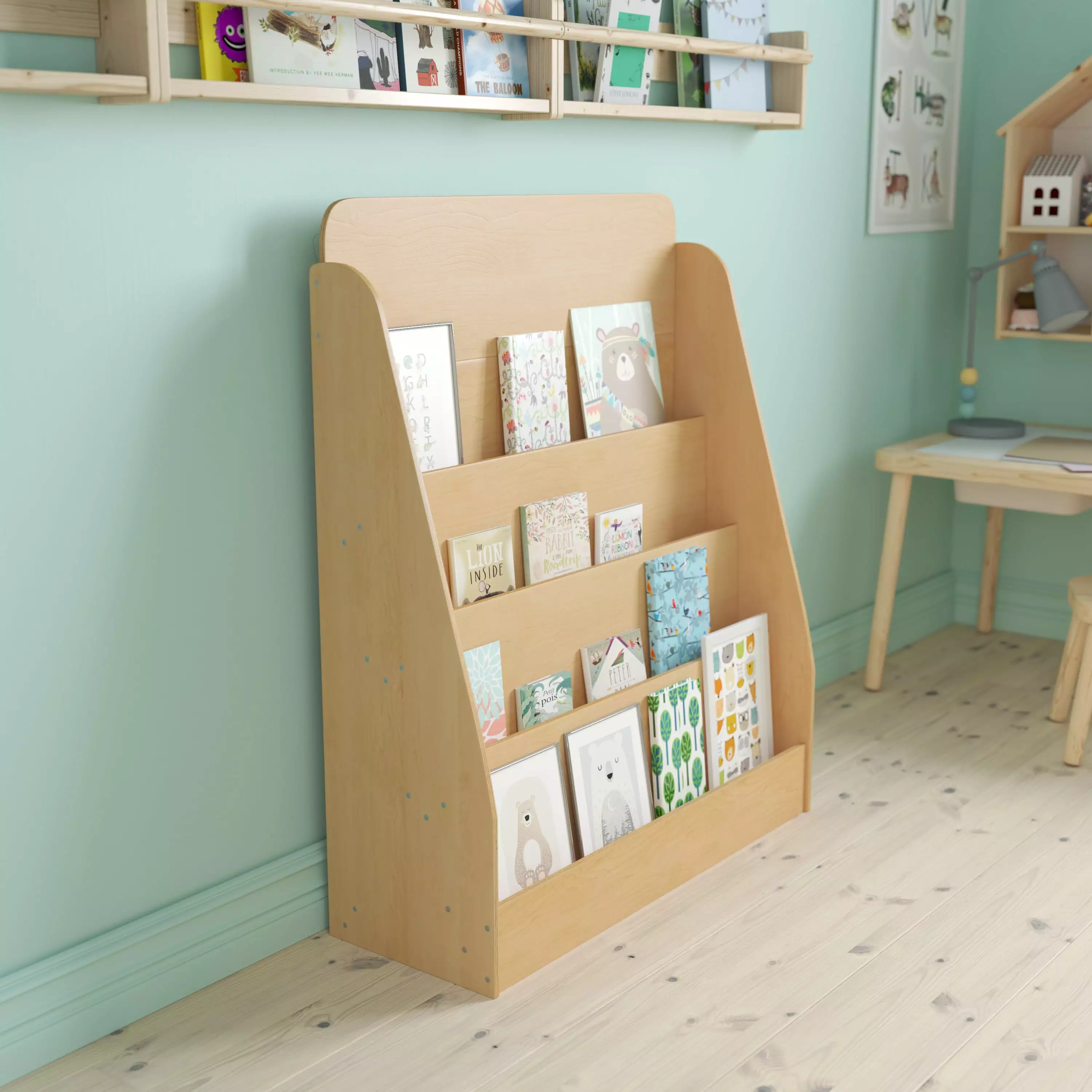 BizChair 4 Shelf Single-Sided Kids Natural Wooden Book Magazine Display Stand Kid Friendly Design Home Use