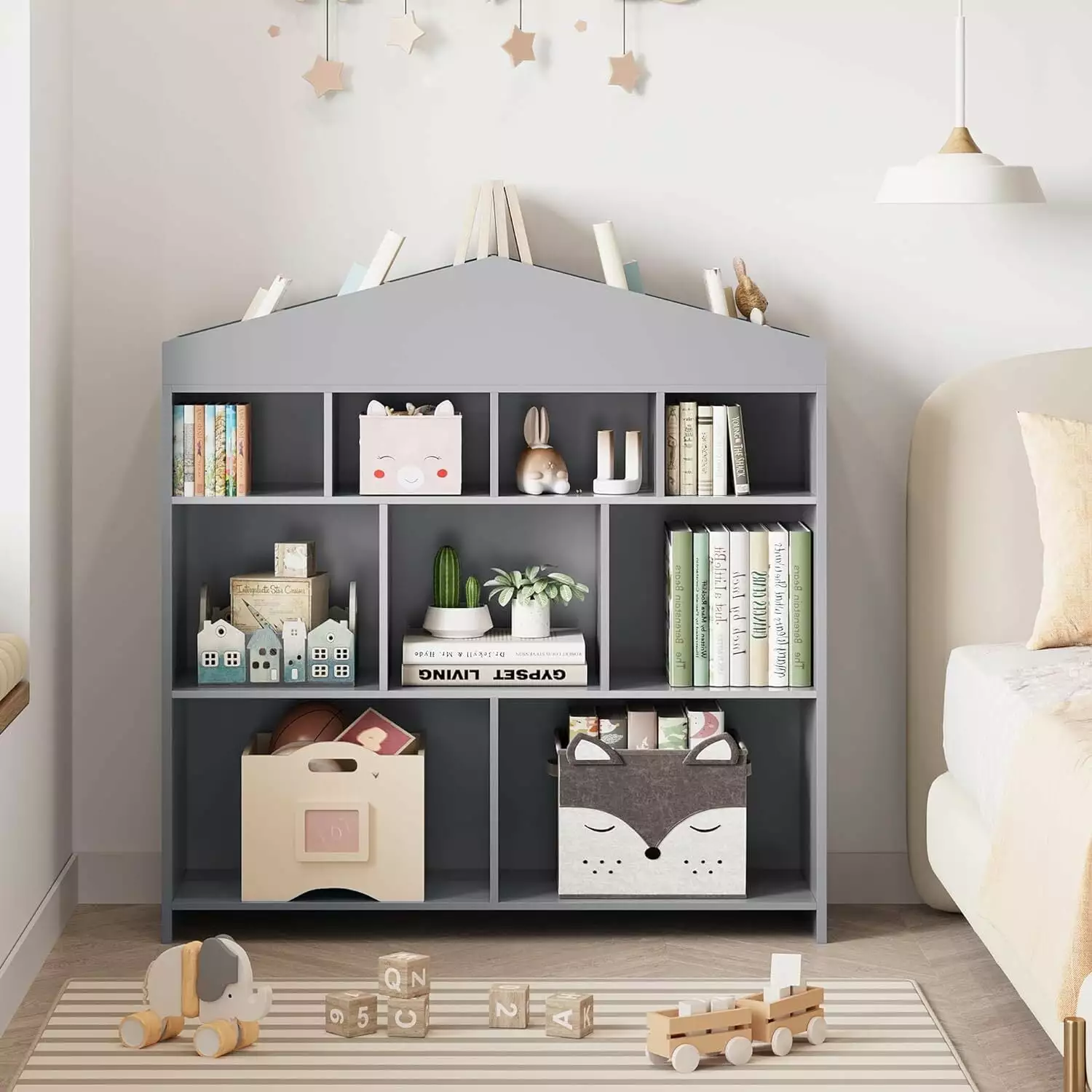 Kids Bookshelf 9 Shelves Toy Storage Organizer Bookcase Kids Room Playroom Nursery Grey Bophy