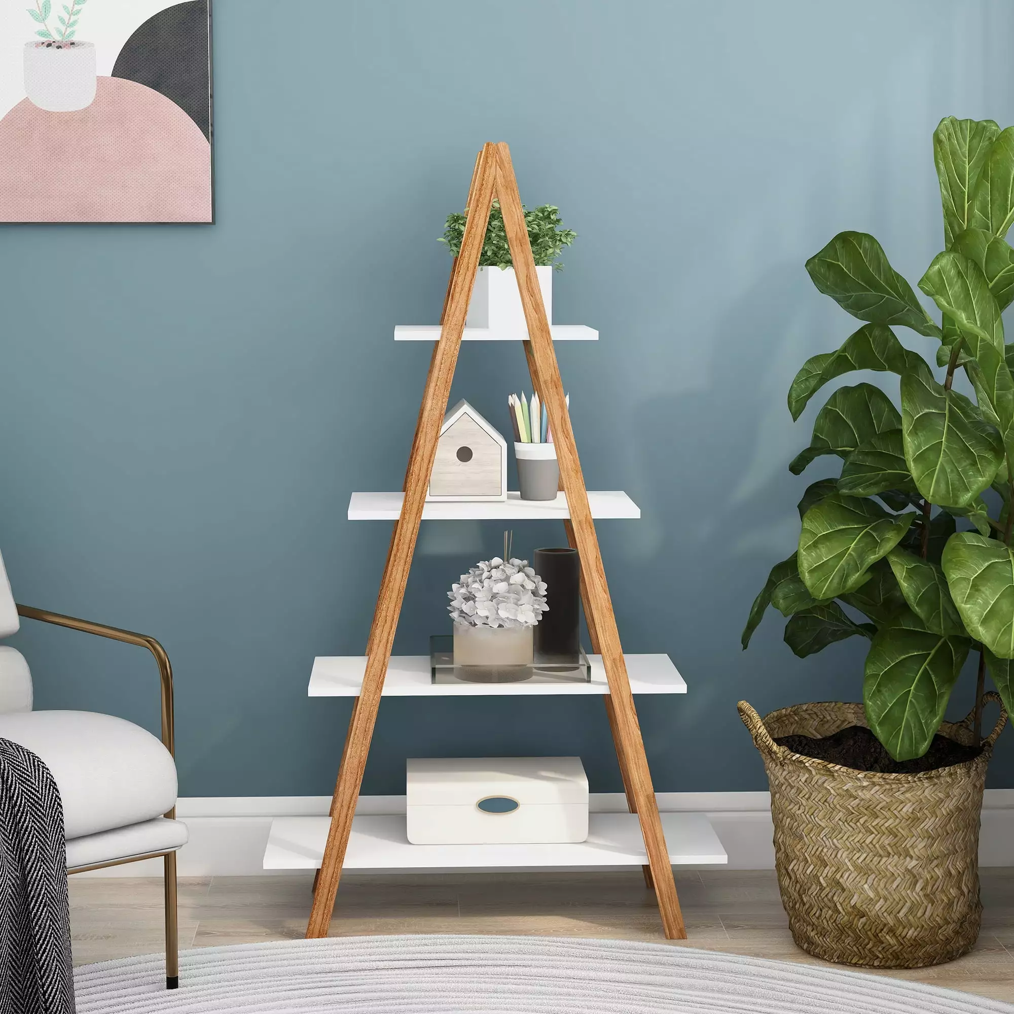 Solid Bamboo Wood Oxford -Frame Ladder Display Bookshelf Home Office BZH