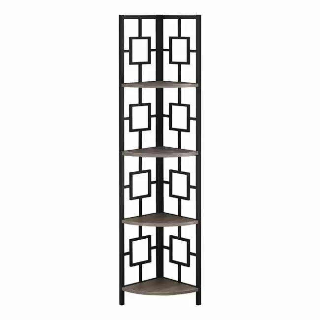 62 . Dark Taupe & Black Metal Corner Etagere Bookcase Daphne's Dinnette