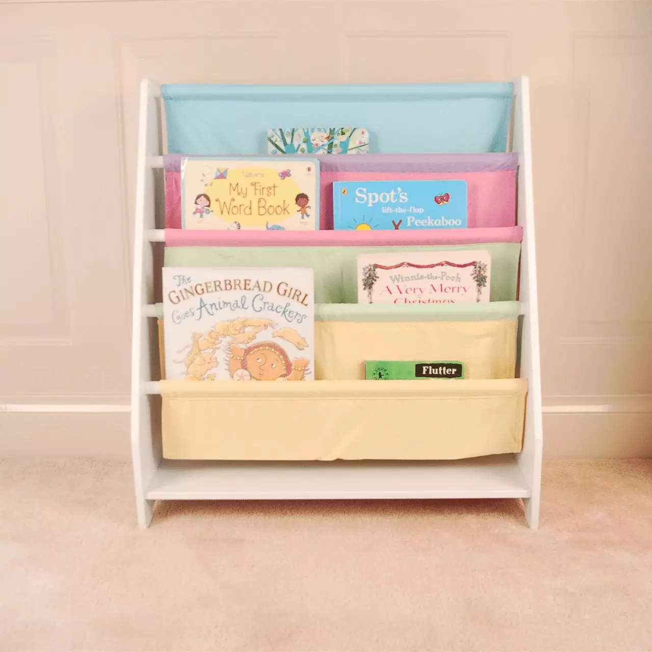 DeeHome Kids Funnel Charlie White Kids Wooden Canvas Sling Magazine Bookcase Children's Room