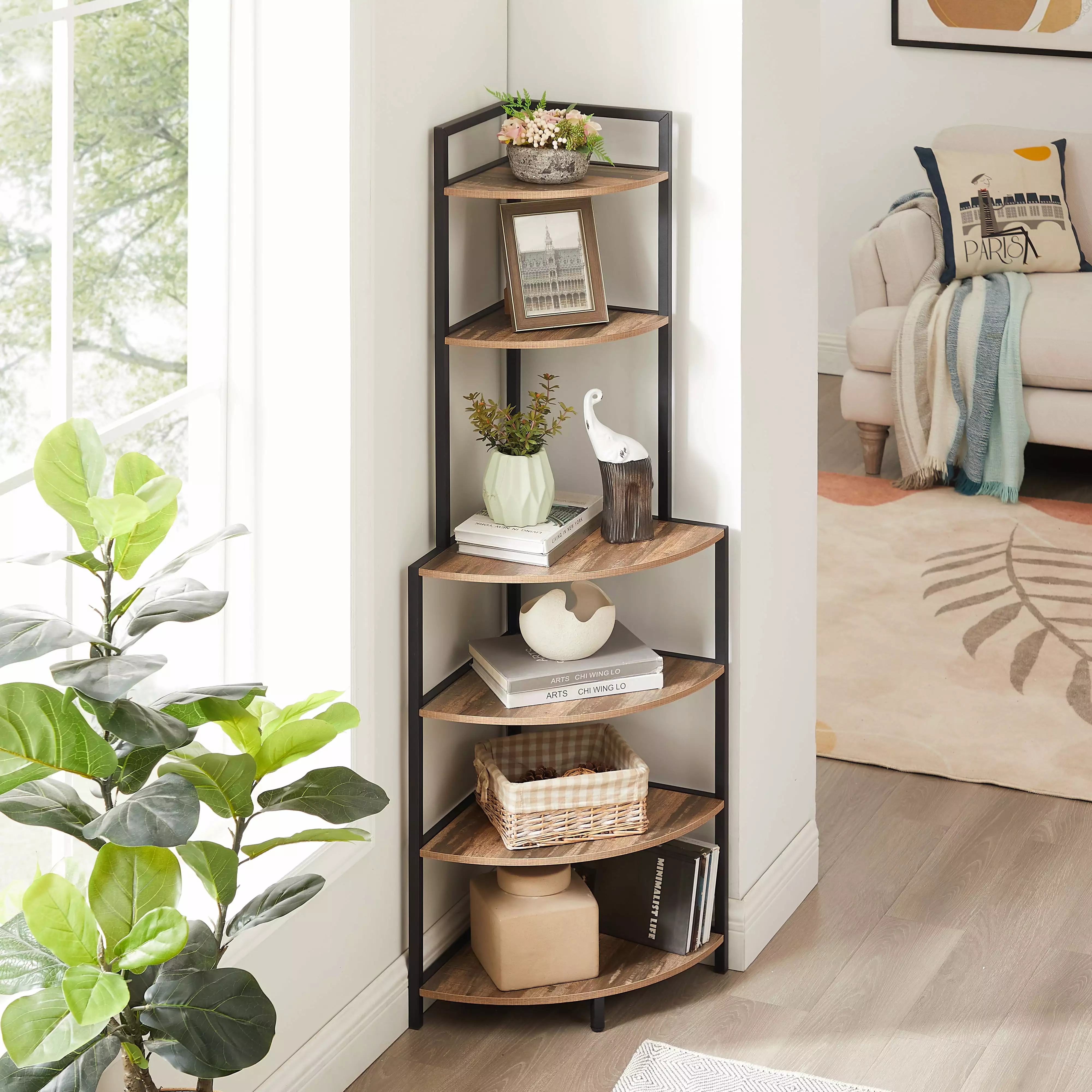 6 Tier Corner Open Shelf Modern Bookcase Wood Rack Freestanding Shelving Unit Rustic Brown DeeHome