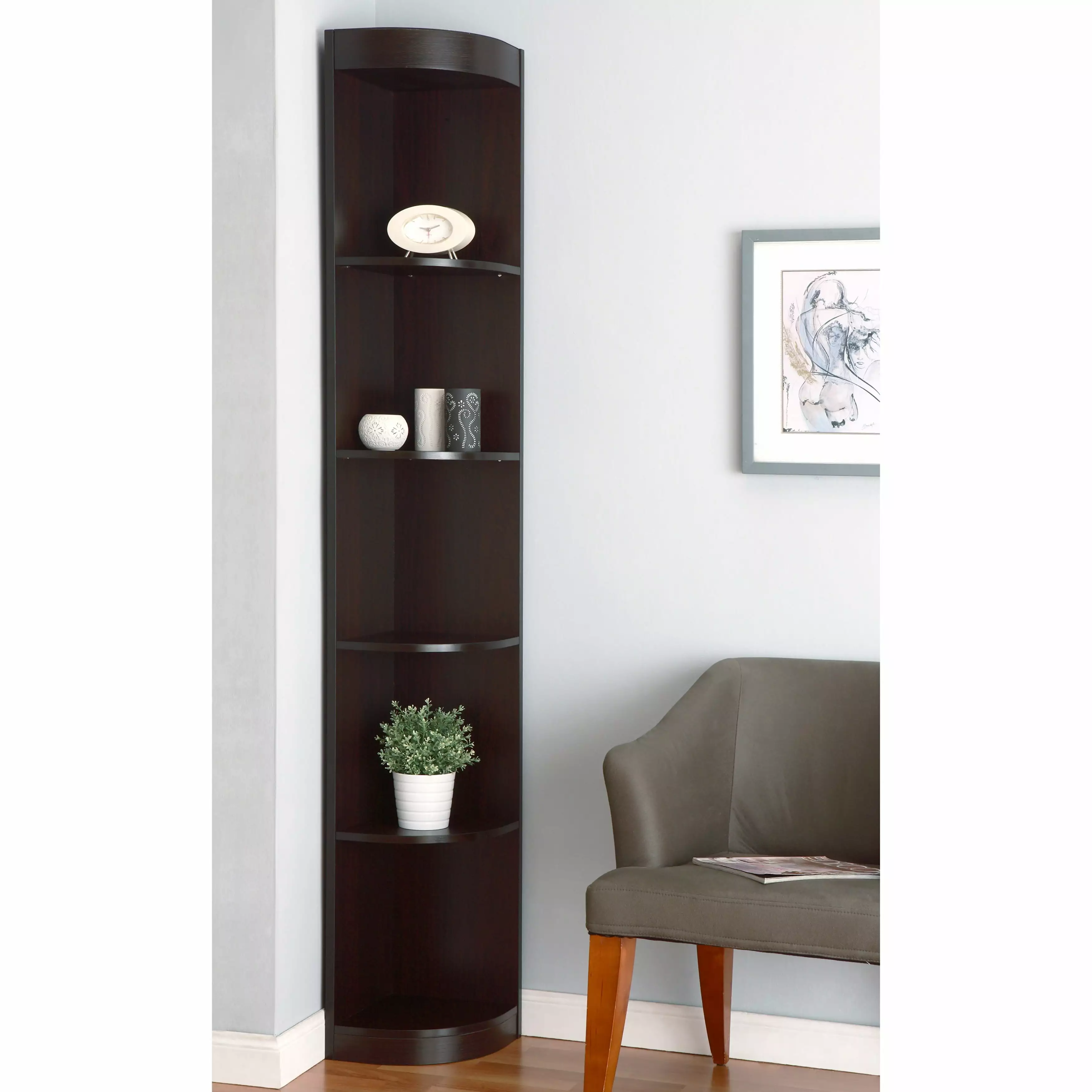 5-Shelf Corner Bookcase Display Stand Brown Cappuccino Finish Freestanding Bookshelf Living Room Office Denhour