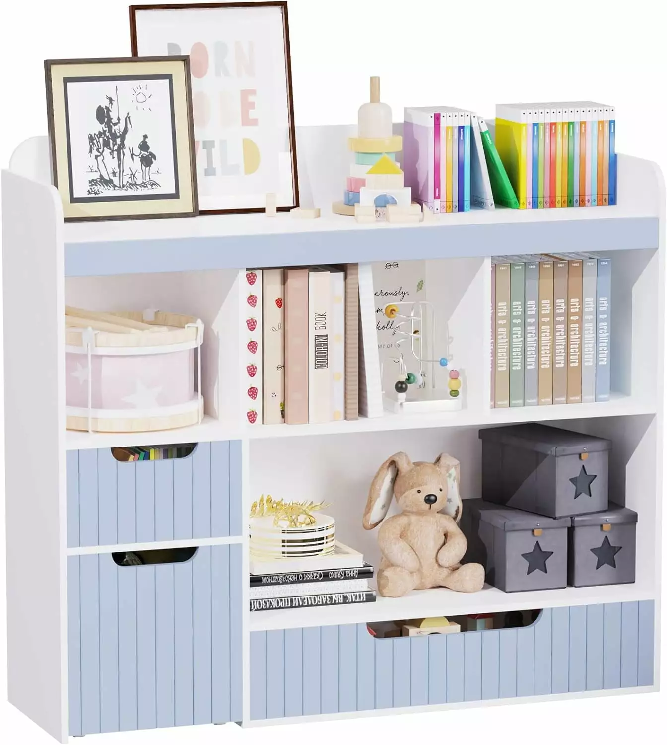Kids Bookshelf and Toy Storage Organizer Multifunctional Bookcase Movable Drawers and Display Rack Blue DONFU