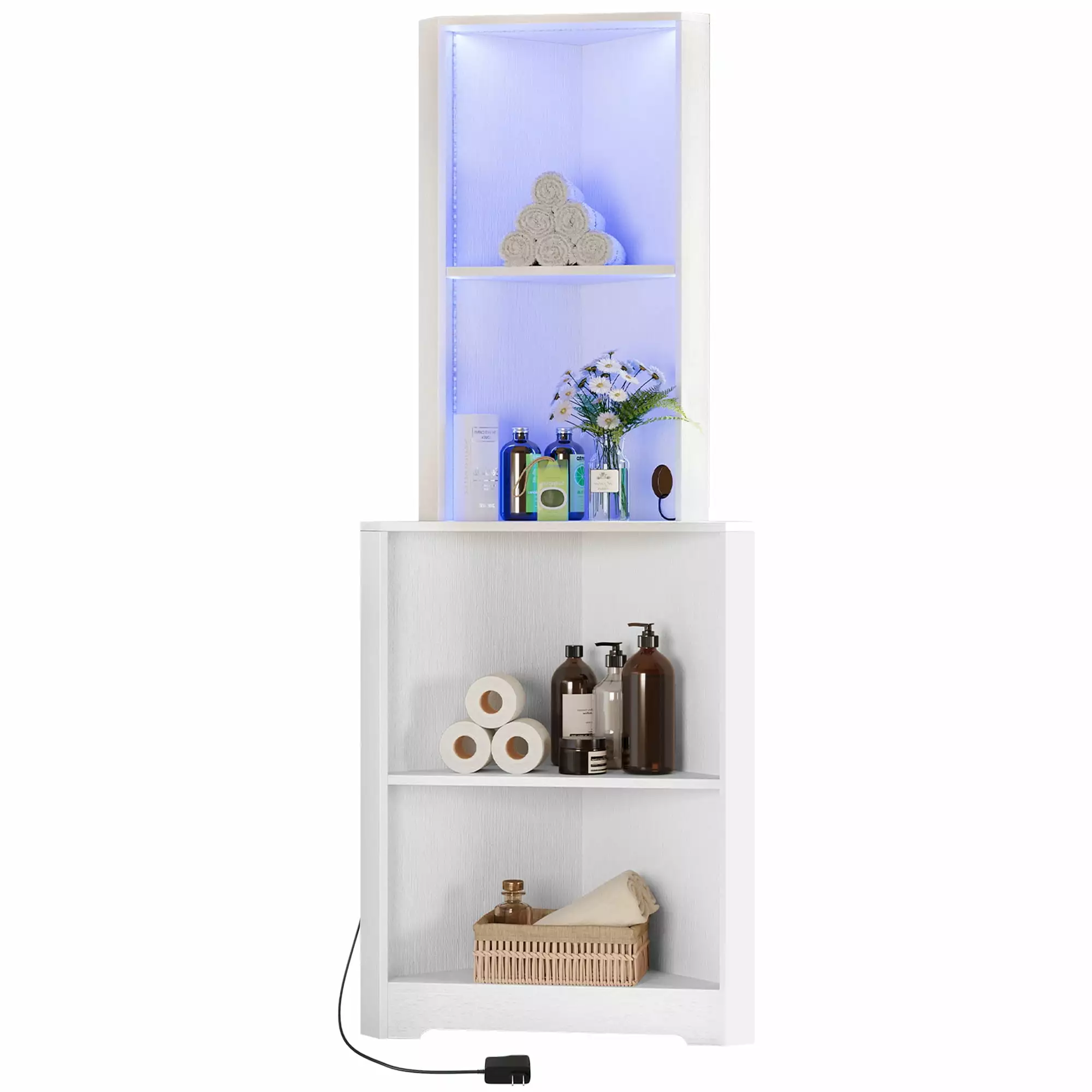 DWVO 5 Tier Corner Shelf LED Light Wooden Open Cabinet Living Room Kitchen
