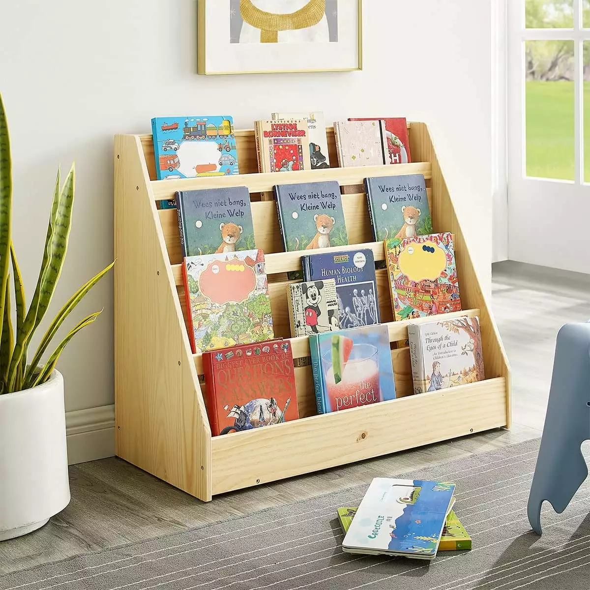 Pinewood Single-Sided Bookcase Display Stand Kids 4 Shelves Natural Wood Kids Storage Bookshelf Elegant Abode