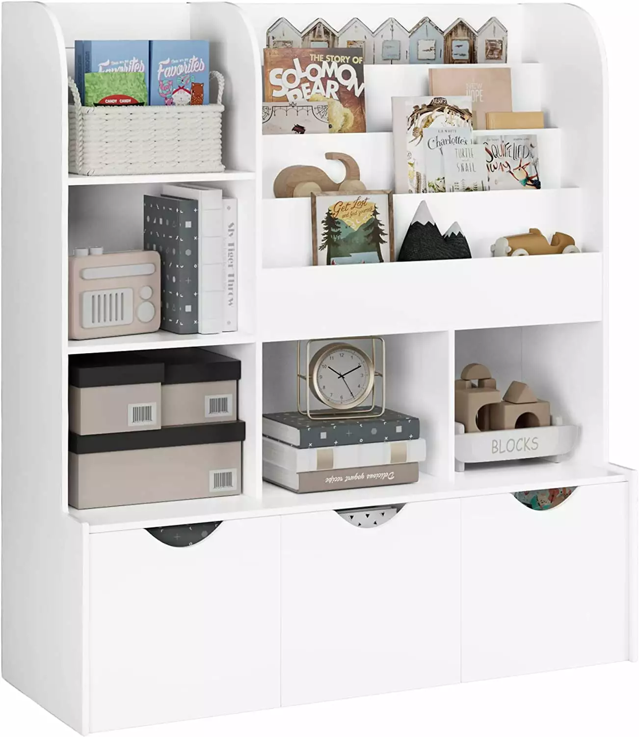 Multifunctional Kids Bookcase 5 Cubbies and 3 Movable Drawers - Toy Storage Organizer Bedroom FanYancy