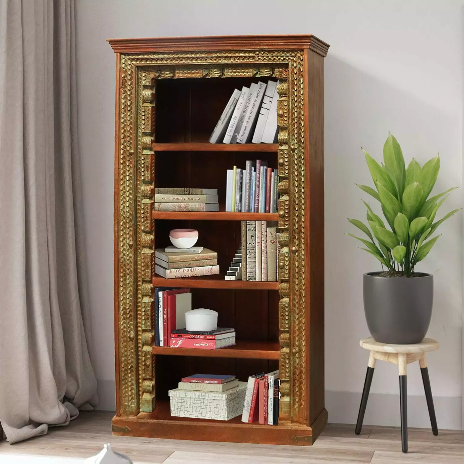 84 Inch Solid Wood Antique Carved Bookcase Rustic Farmhouse Office Bookshelf Far Pavilions