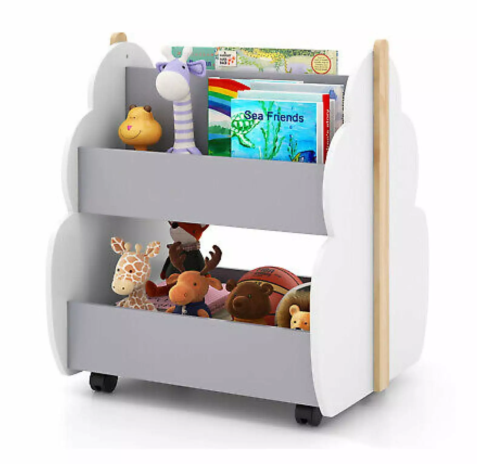 FENG20 Kids Wooden Bookshelf Wheels 2-Tier Toy Storage Shelf Double-sided Bookcase