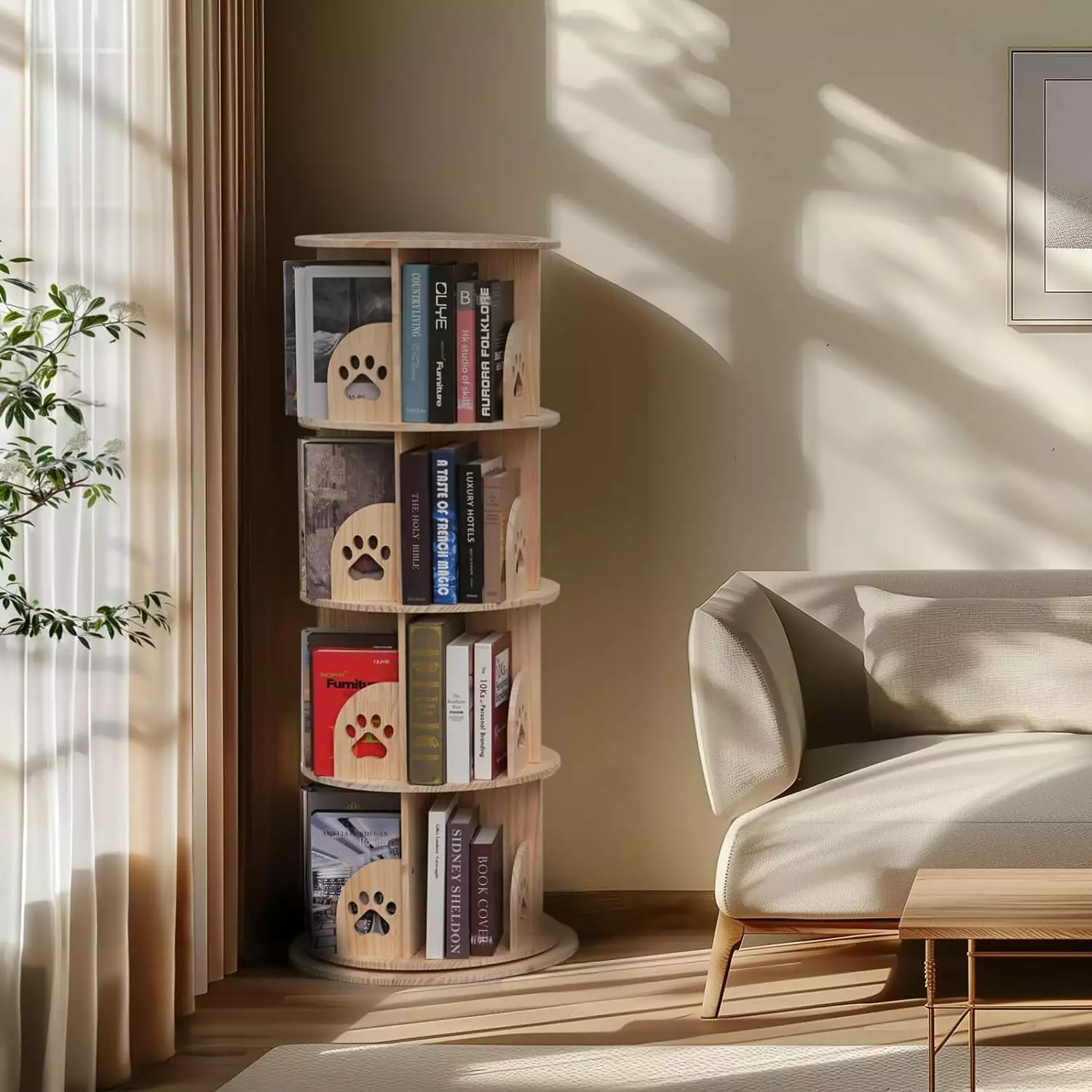 FETON Rotating Bookshelf Solid Wood 4 Tier Kids Bookshelf Small Corner Bookshelf Small Space 360 Display Floor Standing Bo...