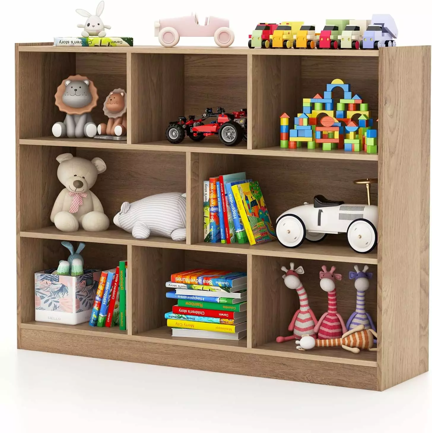 FJU Kids Toy Organizers and Storage Wooden 3 Tier Bookshelf 8 Compartment Cubes Toddlers Playroom