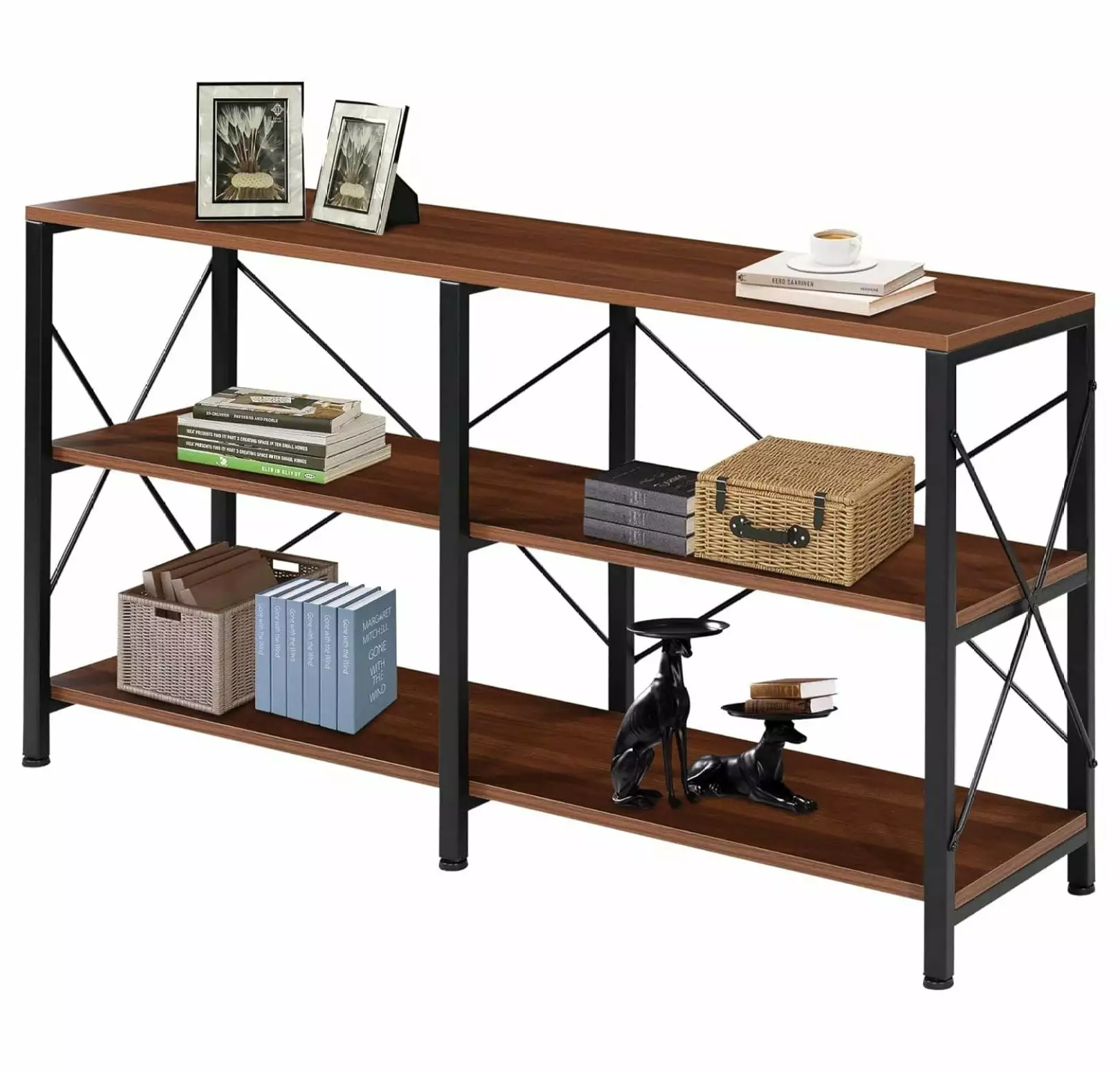 3-Tier Low Book Shelf 55 Inch Wide Open Industrial Wooden Bookcase Home Office Bedroom Living Room Walnut and Black Generic