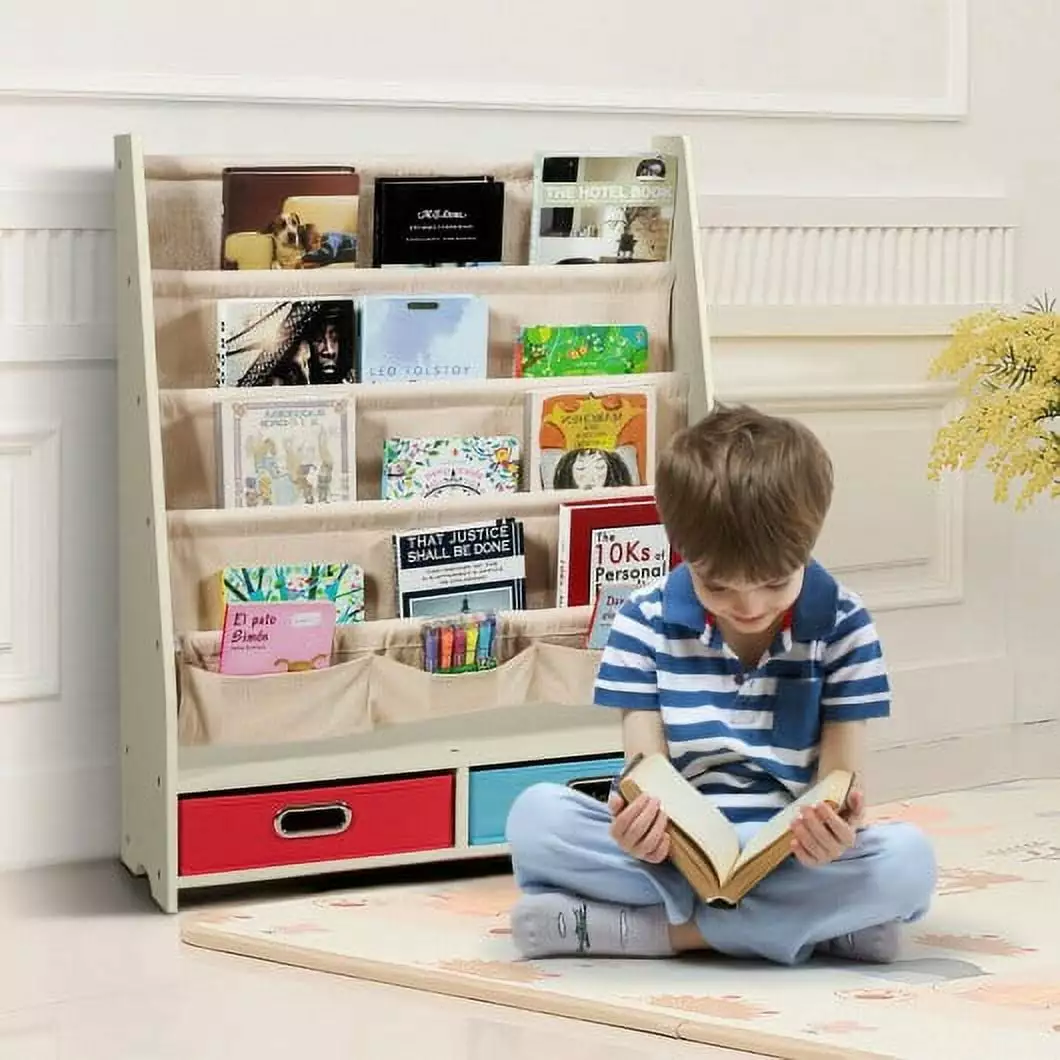 Kids Book and Toys Organizer Shelves Beige Freestanding Storage Bedroom Playroom Nursery Generic
