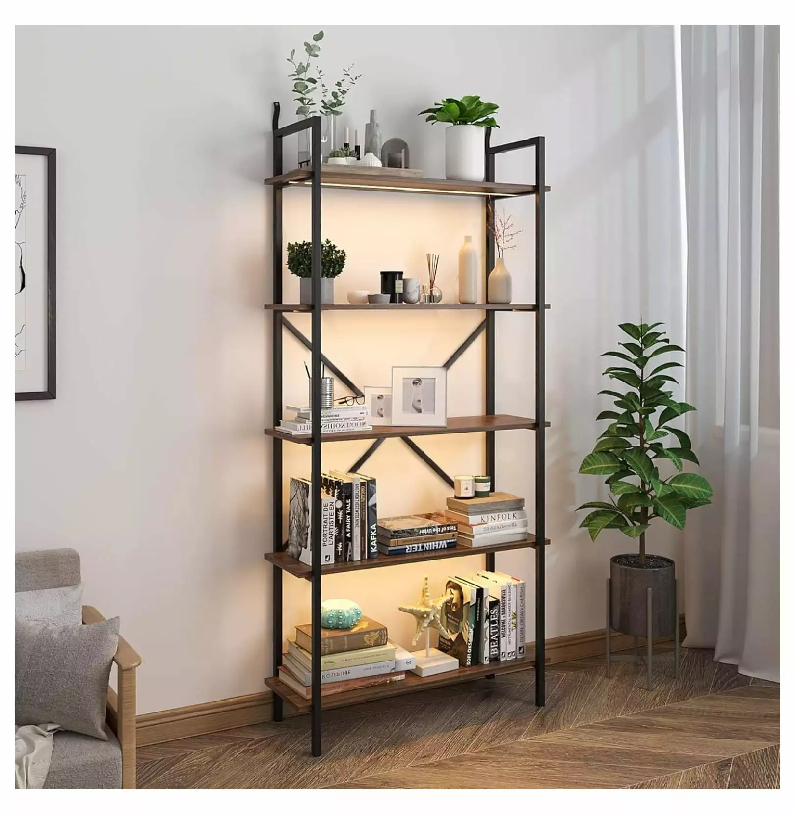 5 Tier Bookshelf 3 LED Lights Industrial Vintage Etagere Living Room Bedroom Home Kitchen Generic