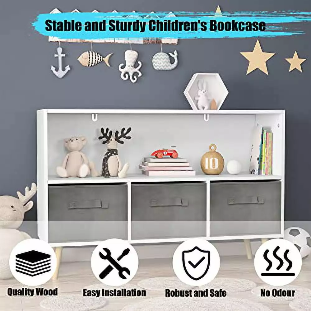 Kids Bookshelf Toy Storage Organizer 3 Collapsible Fabric Drawers Wooden Legs Grey GONGHENIN