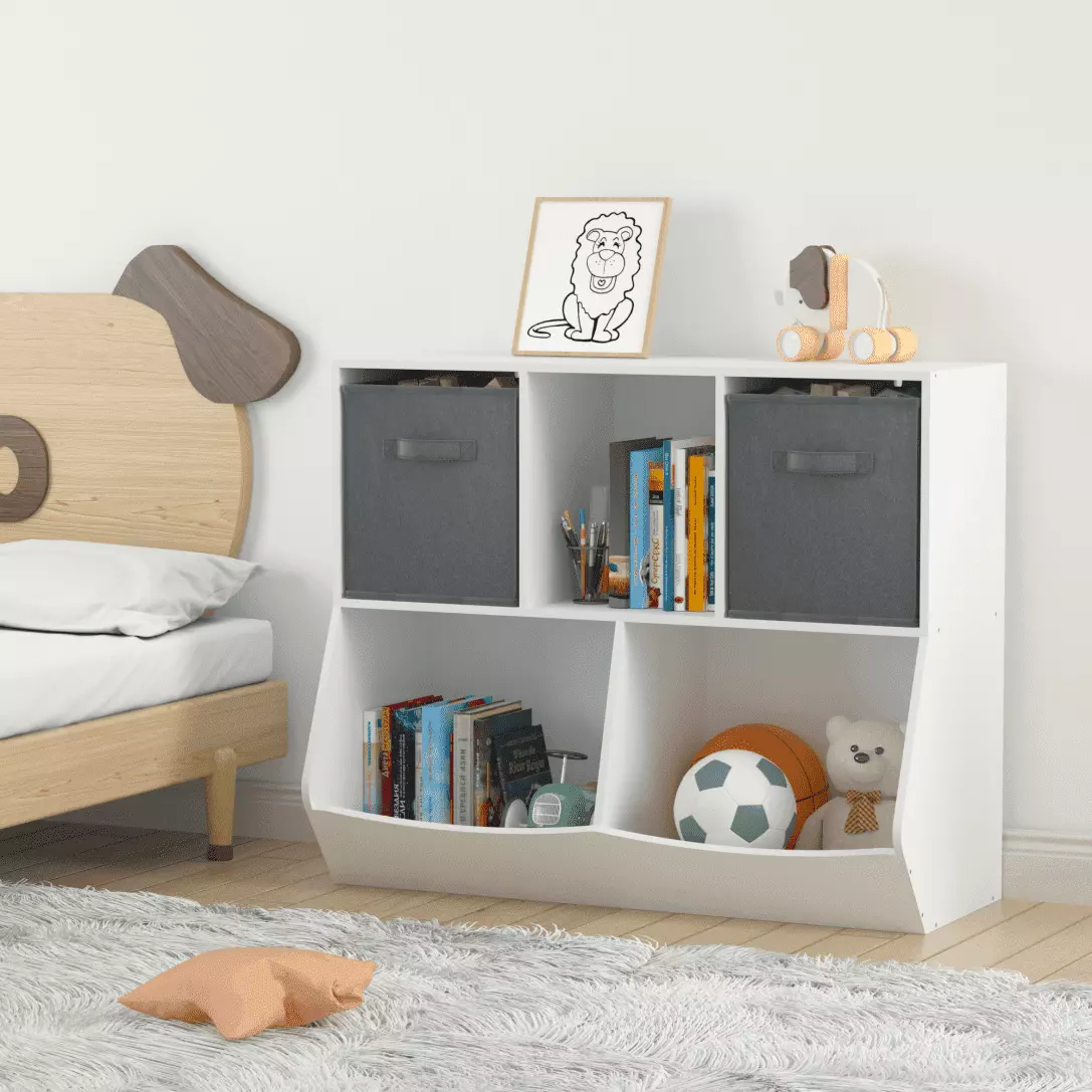 Kids Bookshelf and Toy Storage 3 Cubbies 2 Collapsible Fabric Drawers and 2 Large Bins Playroom Bedroom Nursery School Whi...