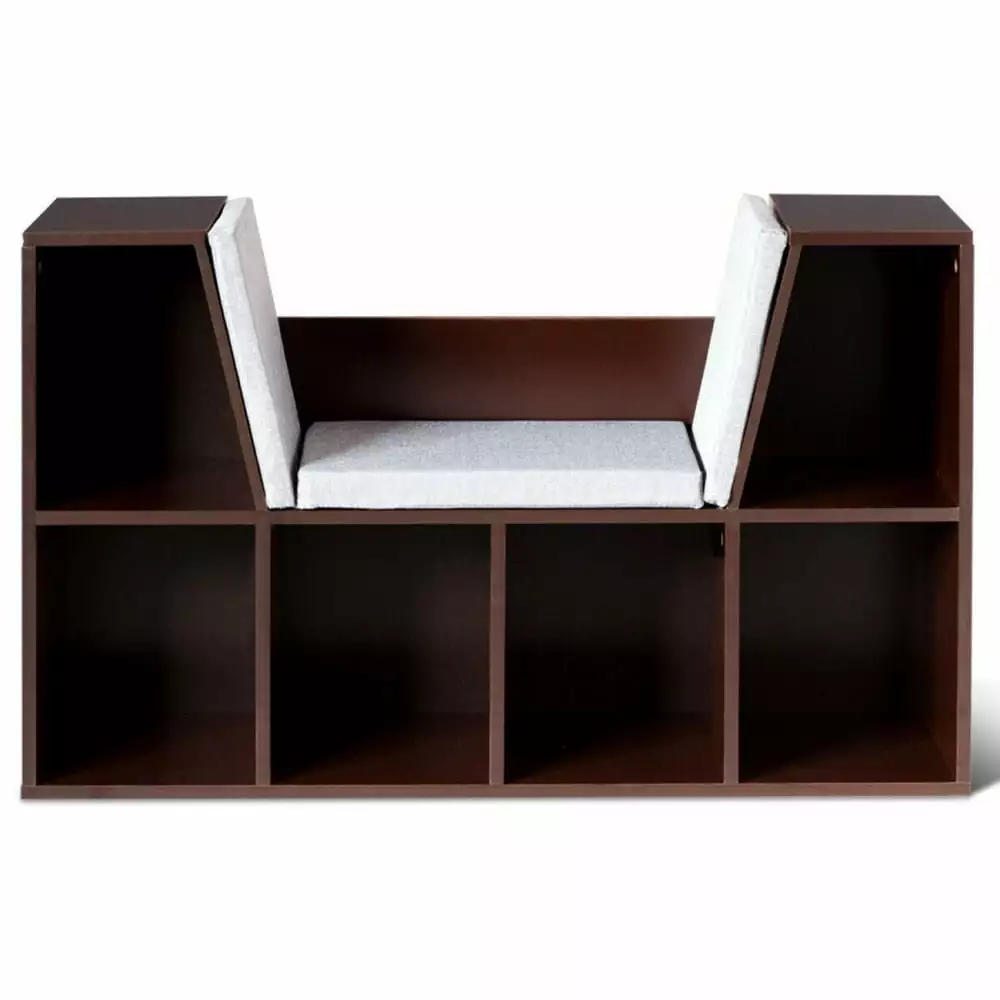 GVN 6-Cubby Kid Storage Bookcase Cushioned Reading Nook Brown Toy Organizers and Storage Kids Nursery