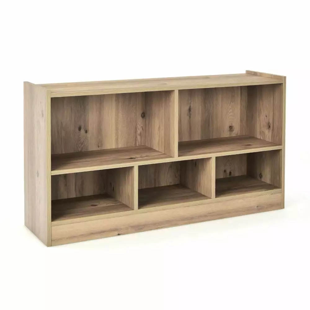 GVN Natural Wood Kids 2-Shelf Bookcase 5-Cube Toy Storage Cabinet Organizer