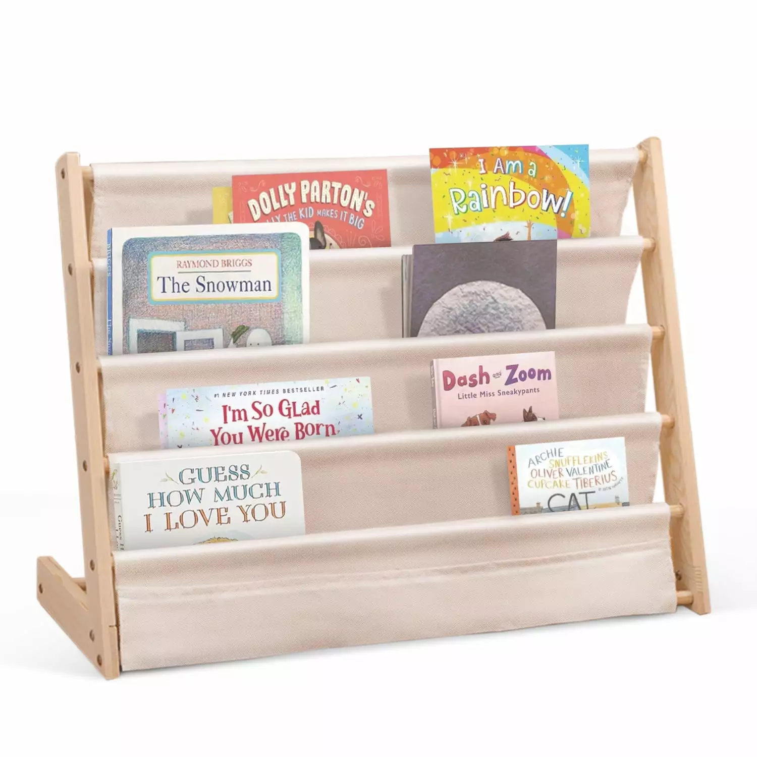 HDJ 4 Tier Wooden and Canvas Kids Bookcase Sling Rack Bookshelf Kids