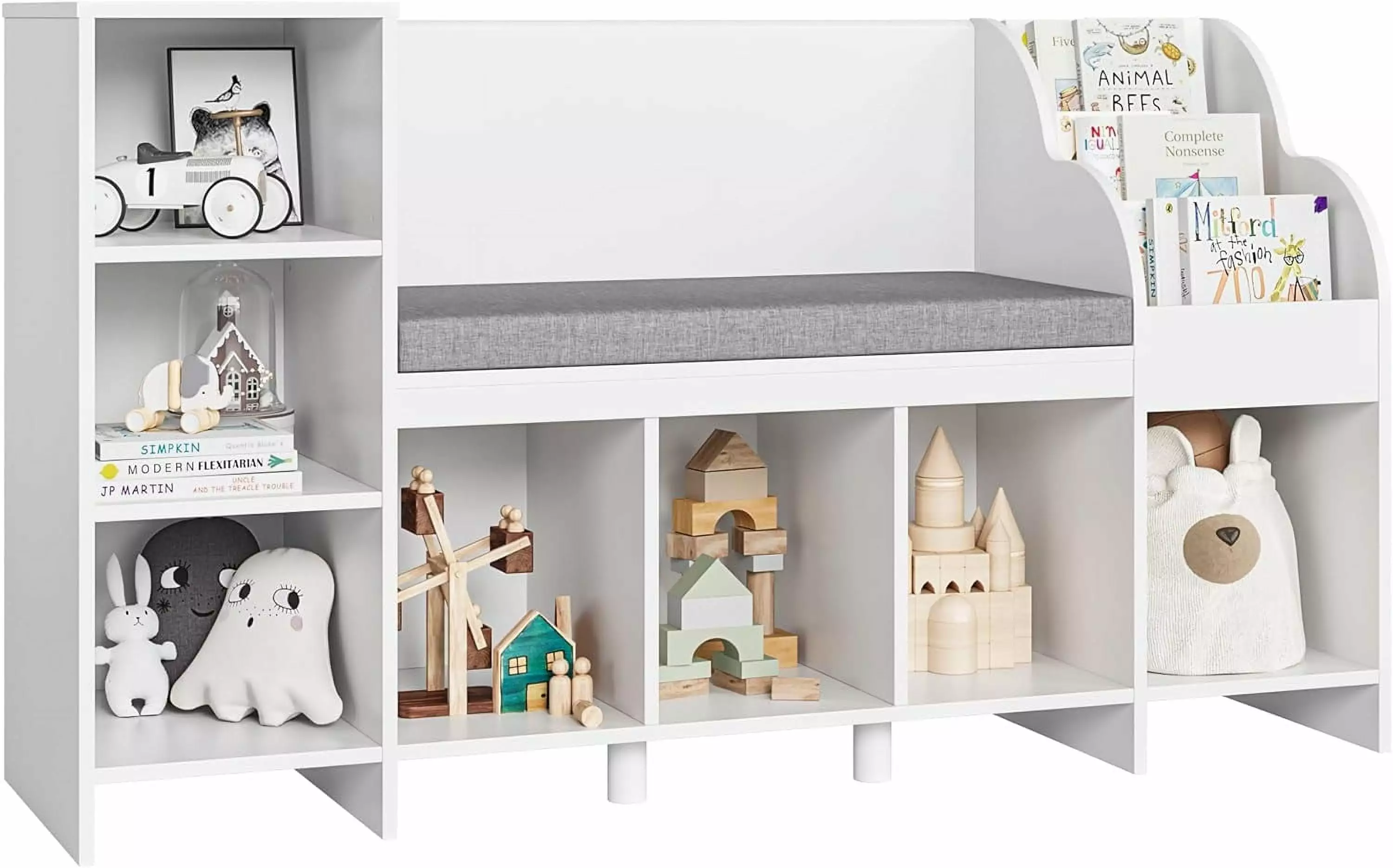 MiSHOP Kids Reading Nook Nursery Bookshelf and Bookcase Bench Seat Cushion 6 Storage Cubbies Playroom Bedroom White Homezy