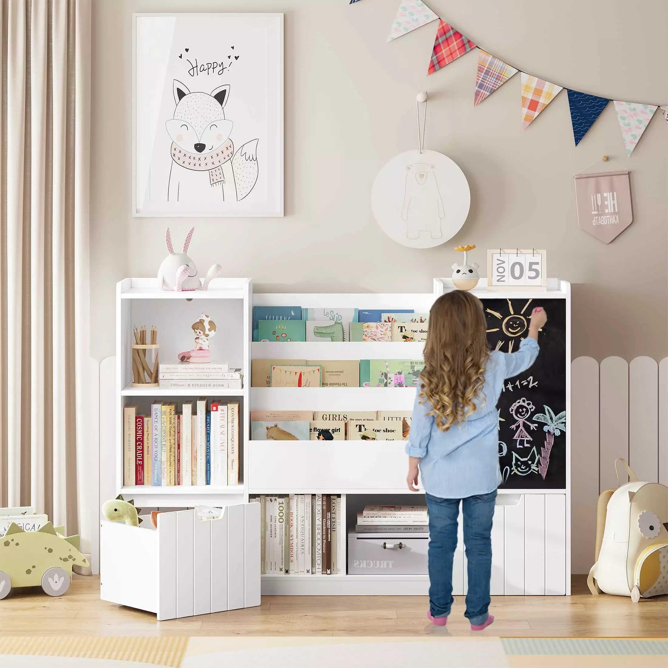 Homfa Kids Bookshelf Blackboard Nursery Bookcase Cubby and Toy Bin Kids Room
