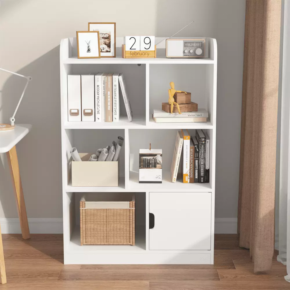 Kids Bookshelf Multifunctional Bookcase 6 Cube Storage 1 Hidden Cabinet Bookcase Display Stand HOMIQUEEN