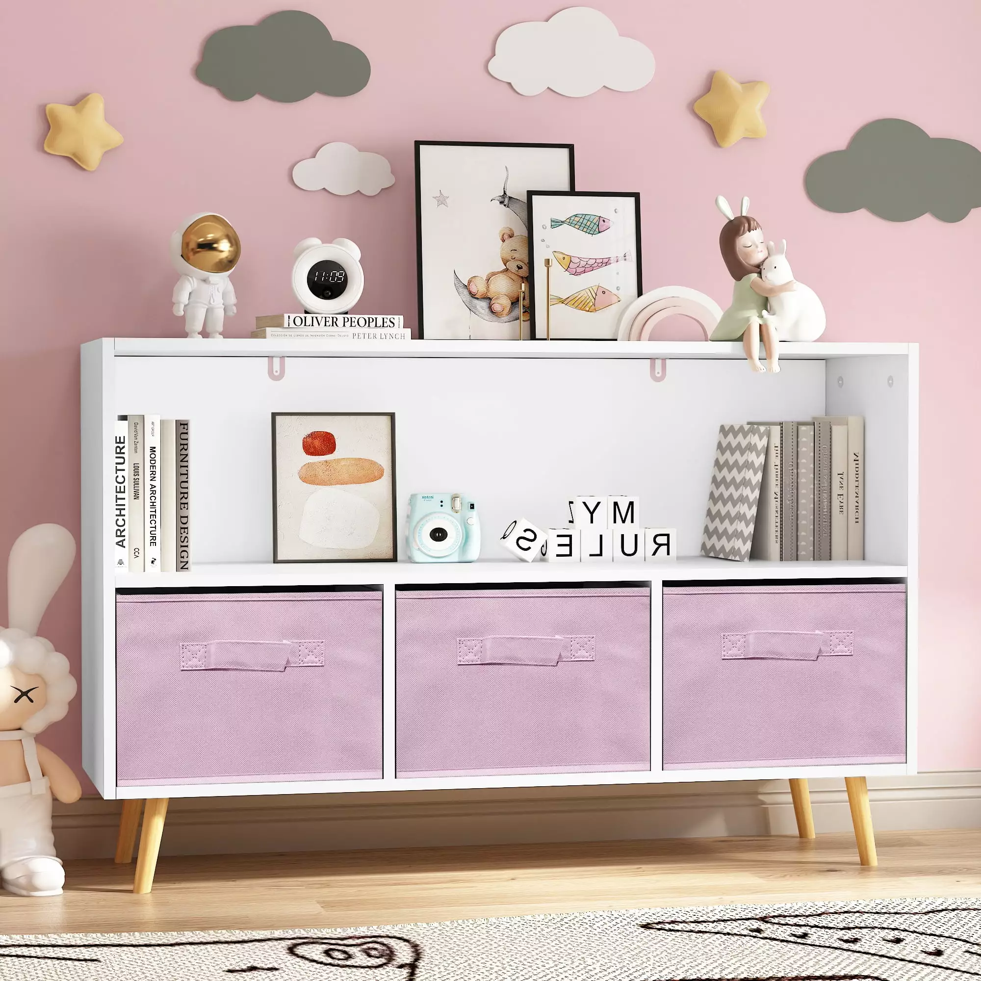 Homiyad Kids Bookcase Collapsible Fabric Drawers Childrens Book Display Toy Storage Cabinet Organizer White Pink