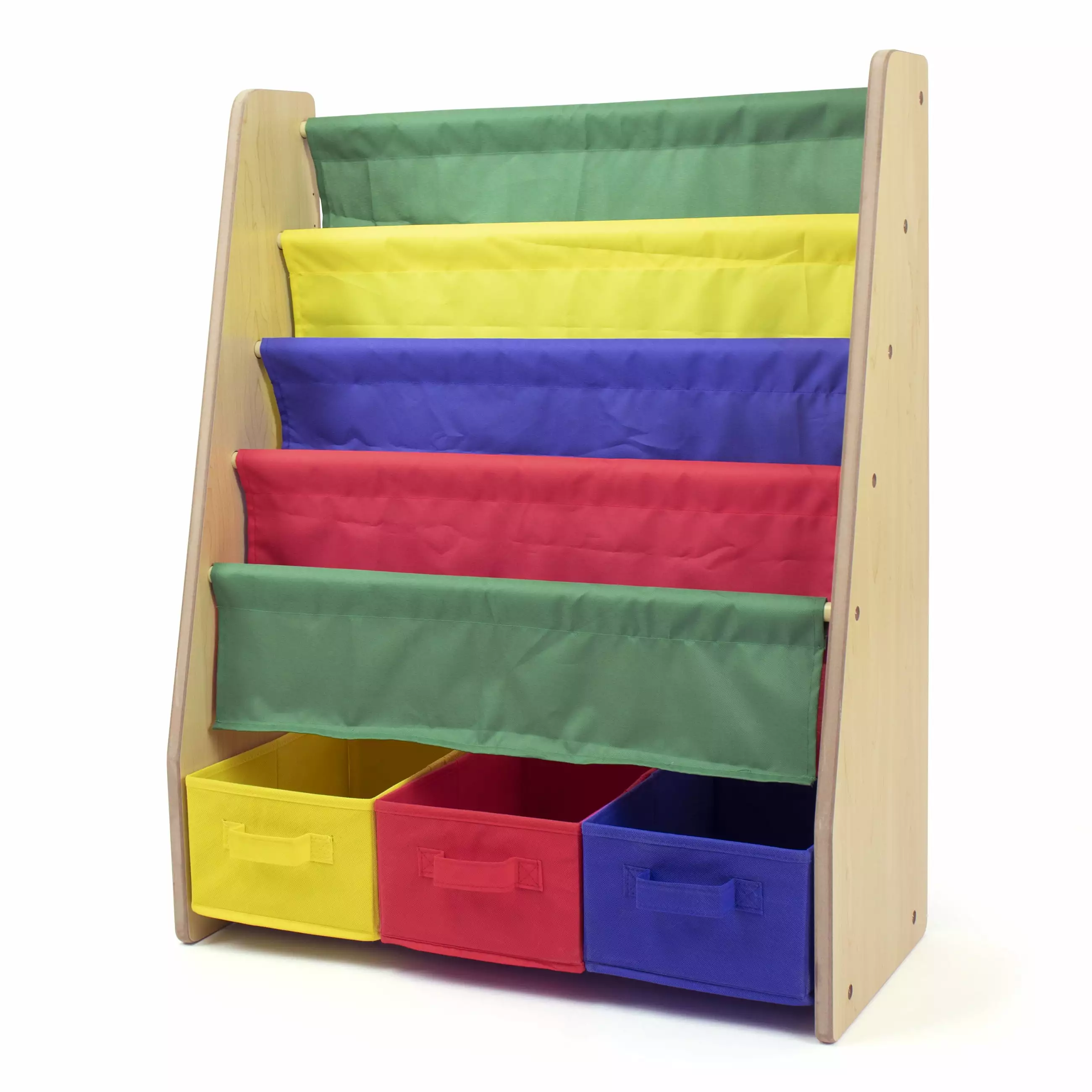 Humble Crew Kids Bookcase 4 Shelves and 3 Fabric Bins Natural Wood Primary Colors