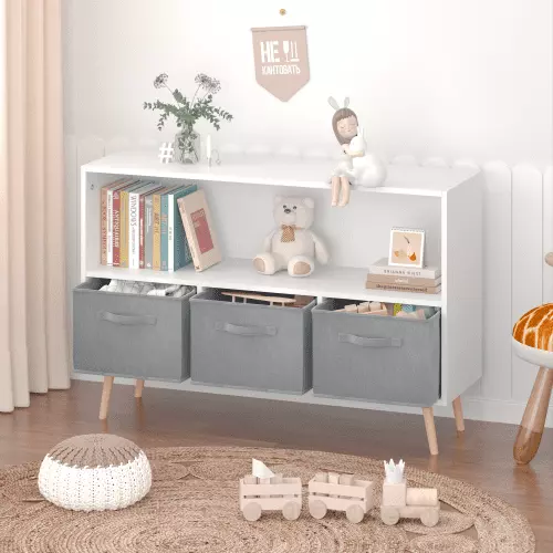 Kids Bookcase Collapsible Fabric Drawers Children's Book Display Toy Storage Cabinet Organizer White Gray Hypeshops