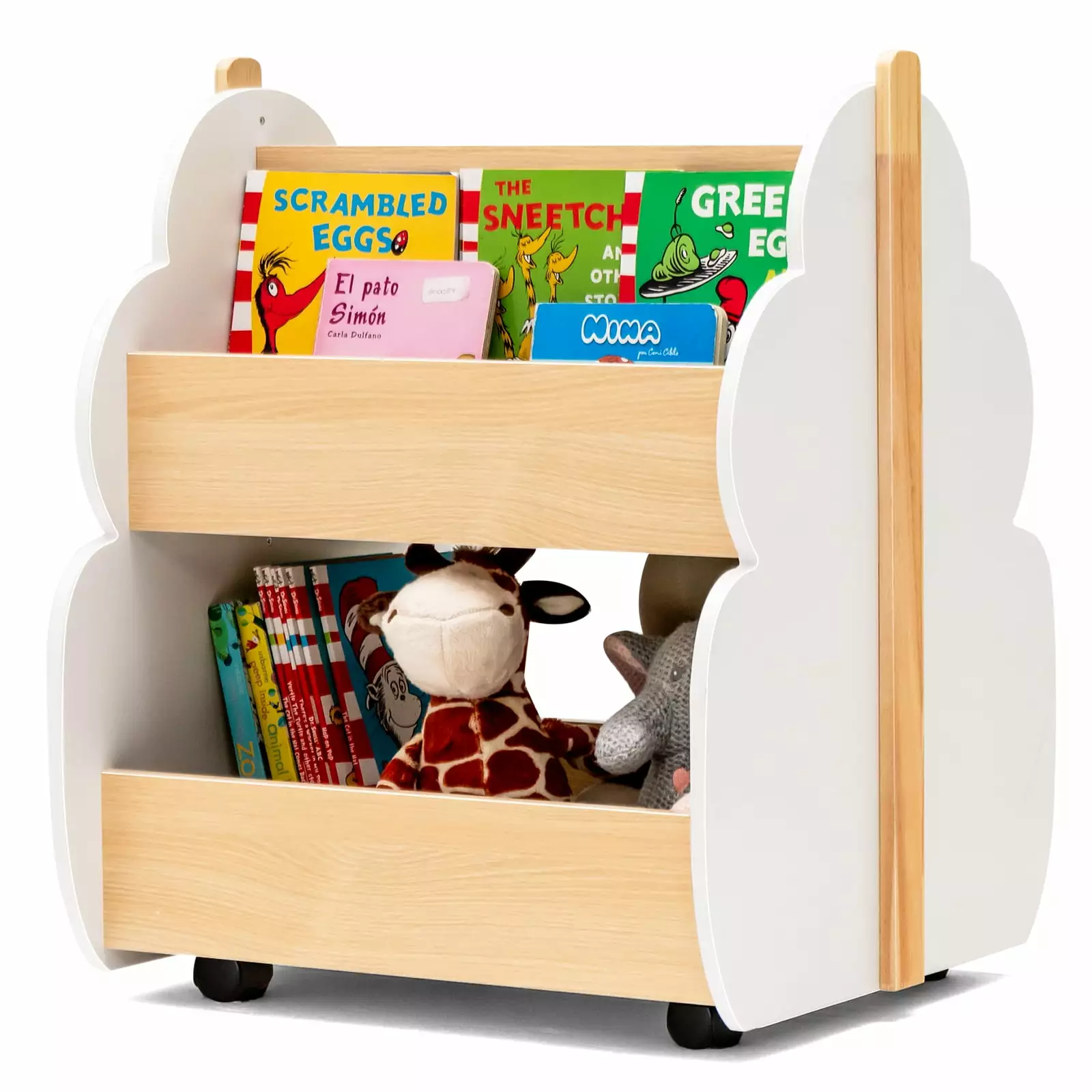 Infans Kids Wooden Bookshelf Universal Wheels 2-Tier Storage Shelf