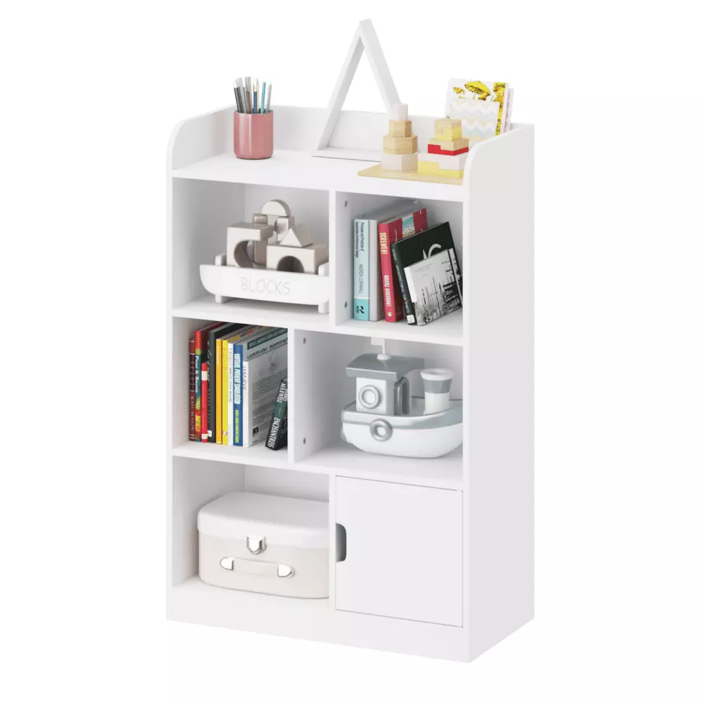 IVV Kids Bookshelf Wooden Kids Bookcase 6 Cube Storage and Single Door White Bookshelf Organizer Display Stand Rack