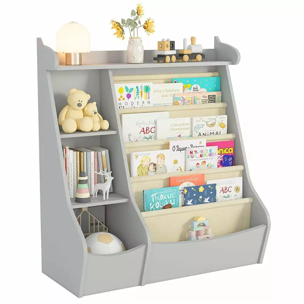 JIAOBAIKids Bookshelf Kids Toy Storage Organizer 4 Layer Sling Bookcase Playroom Bedroom Living Room