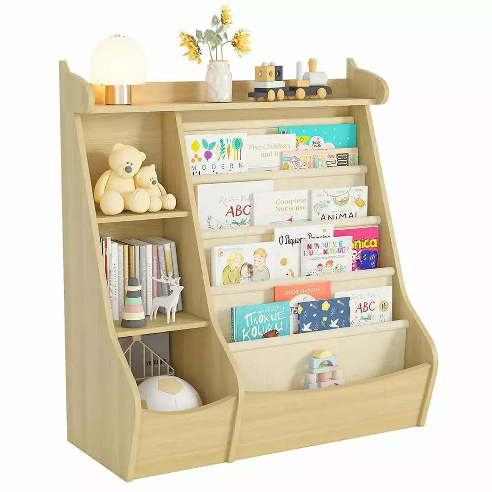 JIAOBAIKids Bookshelf Kids Toy Storage Organizer 4 Layer Sling Bookcase Playroom Bedroom Living Room Kids Room Nursery School