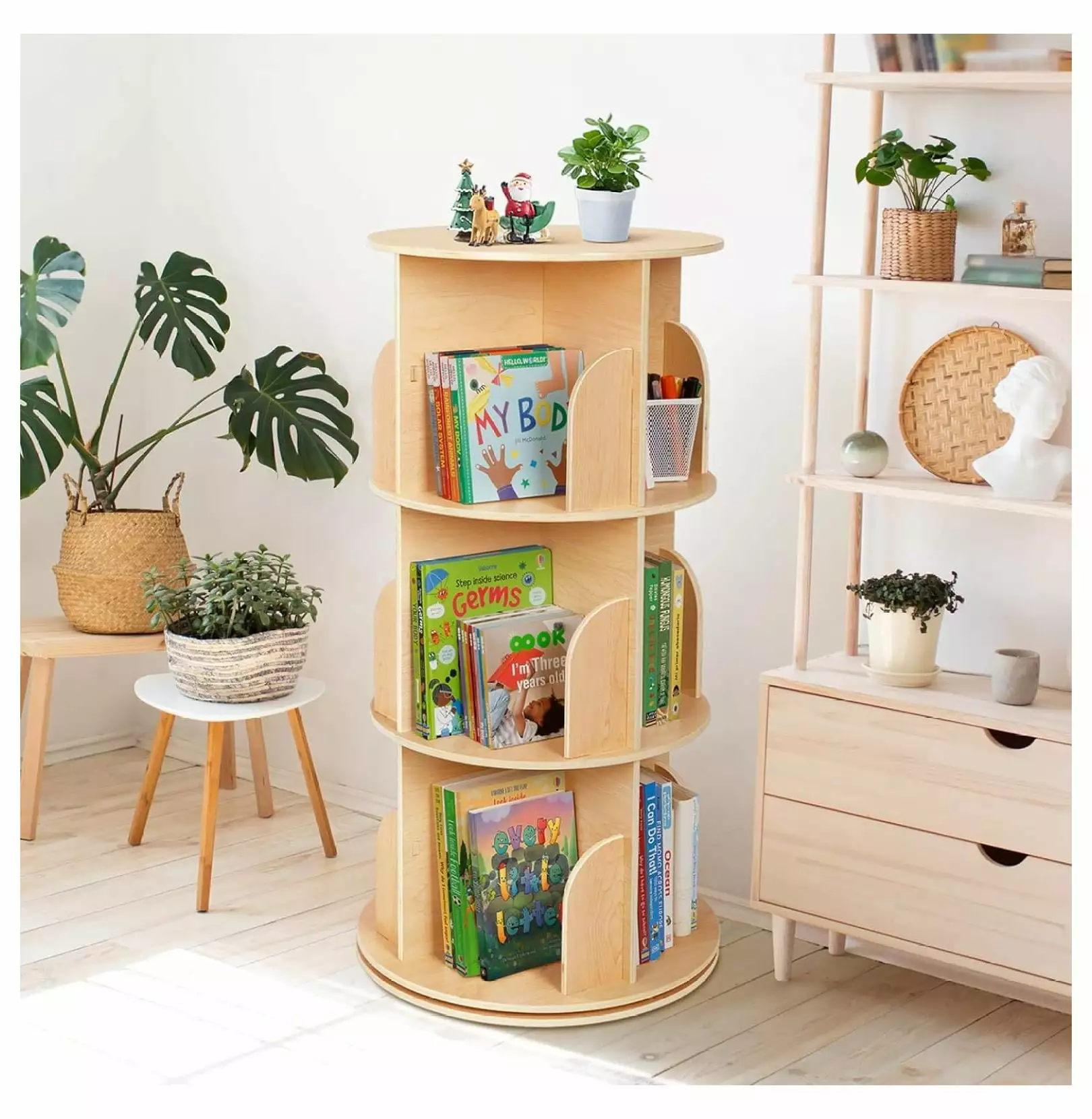 Killeryuki Kids Rotating Bookshelf Tower Small Corner Bookshelf Small Space 360 Display 3 Tier Floor Standing Montessori B...