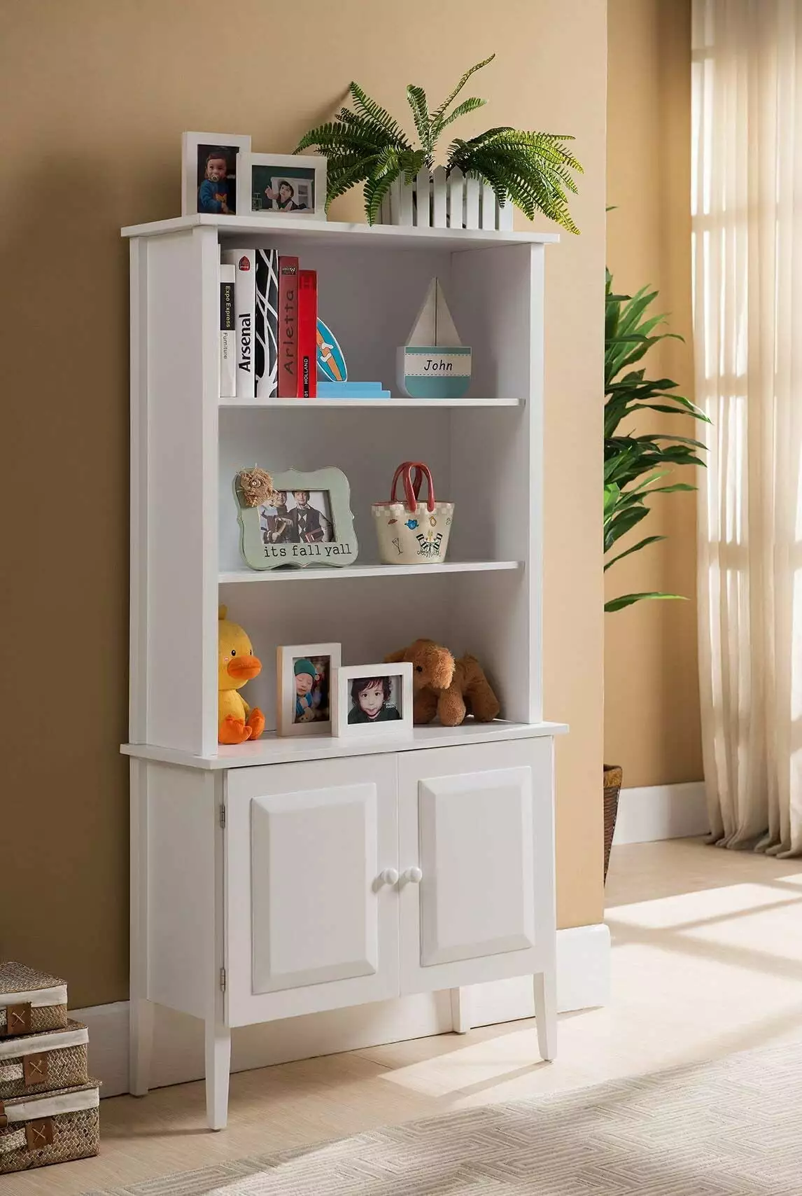 Kings Brand Furniture Wood Kids Bookcase 3 Open Shelves 2 Doors Living Room Bedroom White