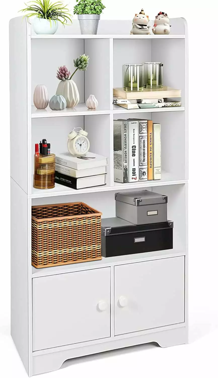 4-Tier Bookcase Doors 47.5 Tall Freestanding White Bookshelf Kids Room Office Living Room kk