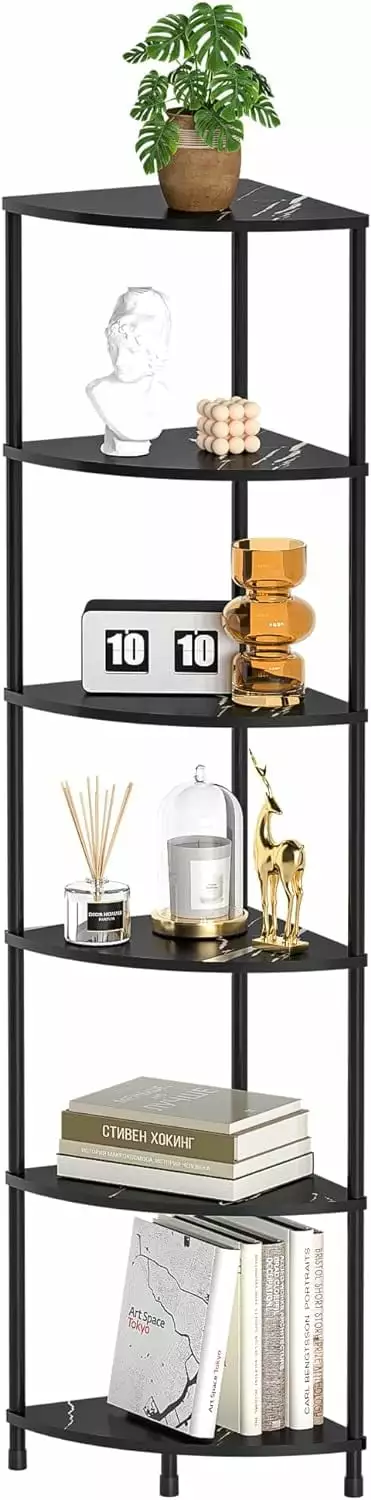 6 Tier Corner Bookshelf Display Shelf 54.4 Standing Organizer Marble Black Storage kk