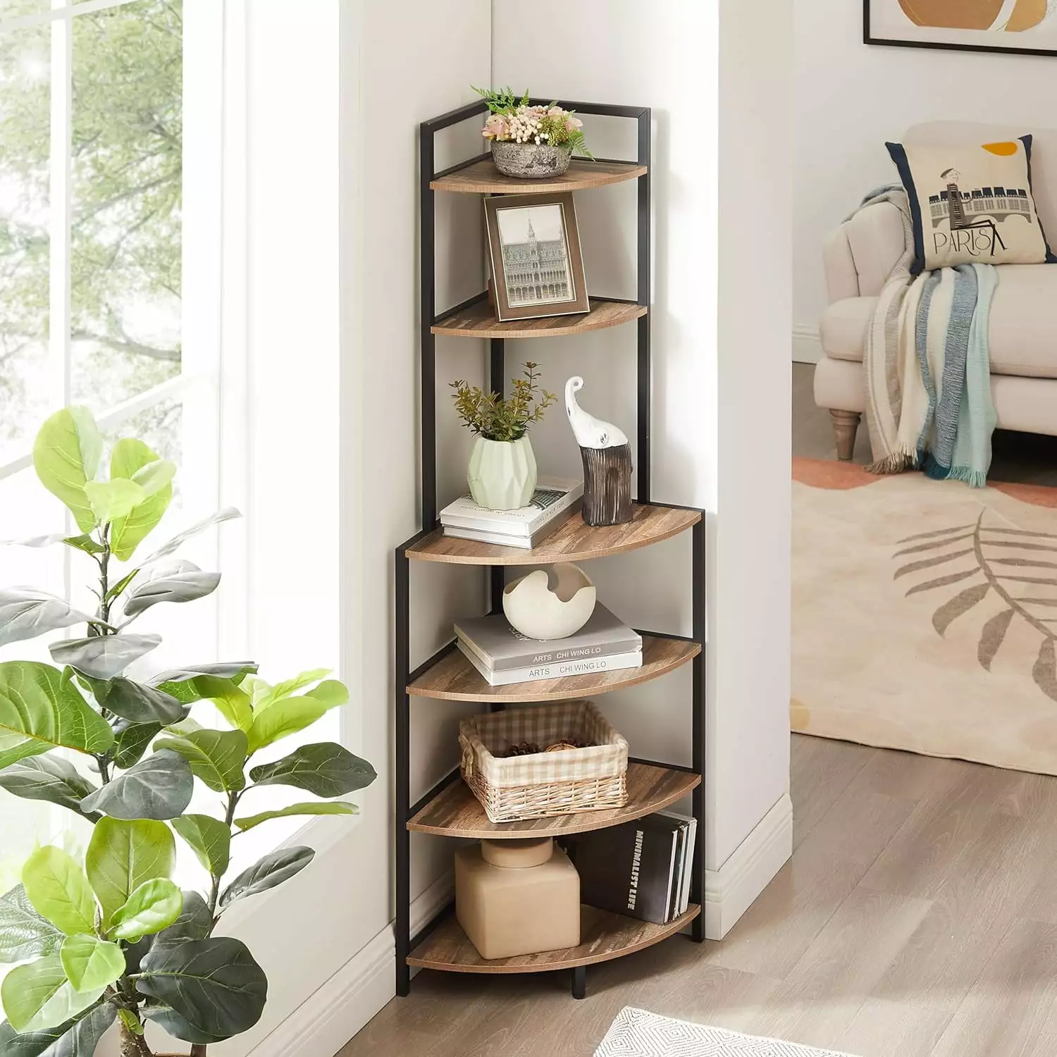 6 Tier Corner Open Shelf Bookcase Freestanding Rustic Brown Wood Rack Plants Albums kk