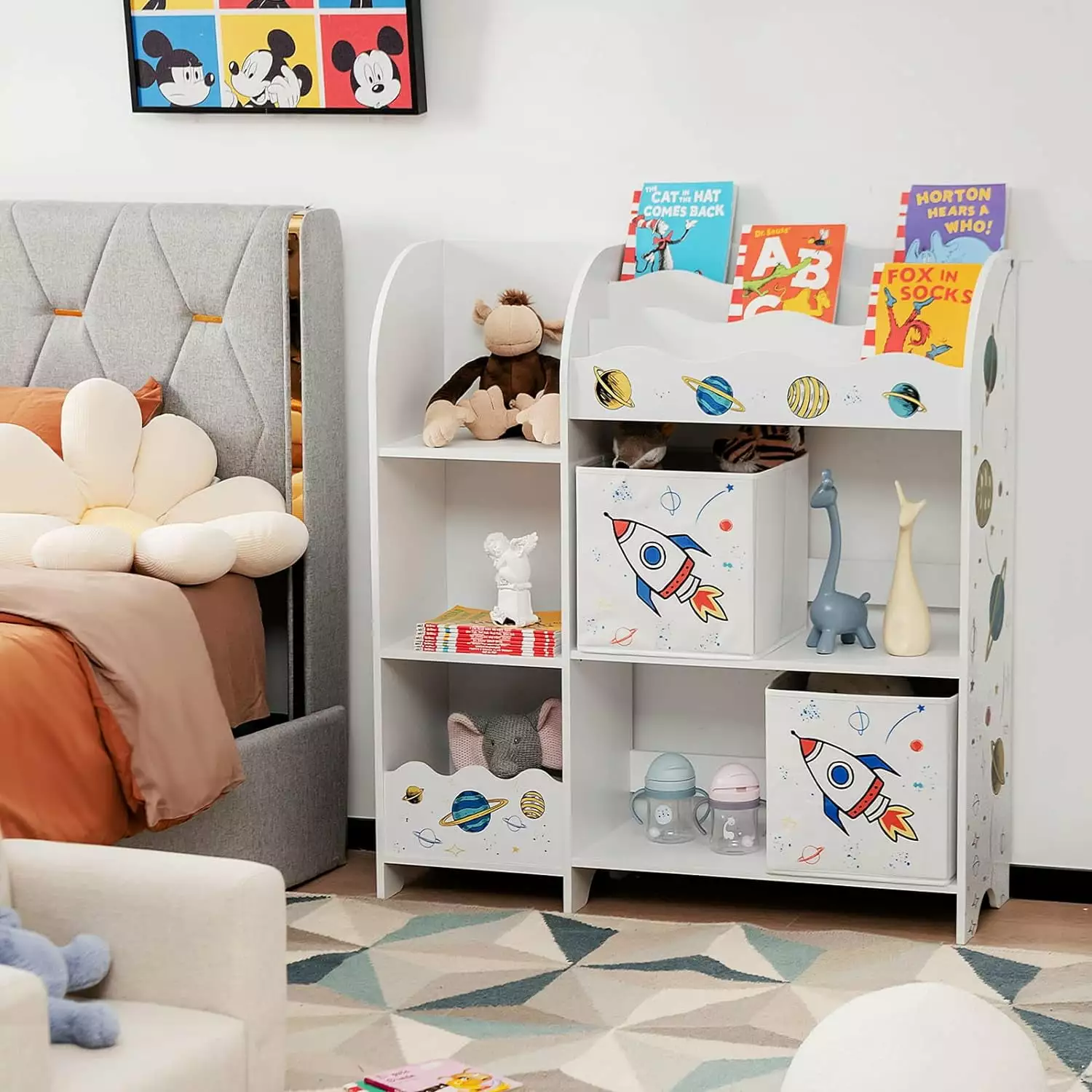 Toy and Book Organizer Kids Wooden Storage Display Cabinet Bookshelf 5 Open Shelves 2 Storage Boxes 3 Slots kk