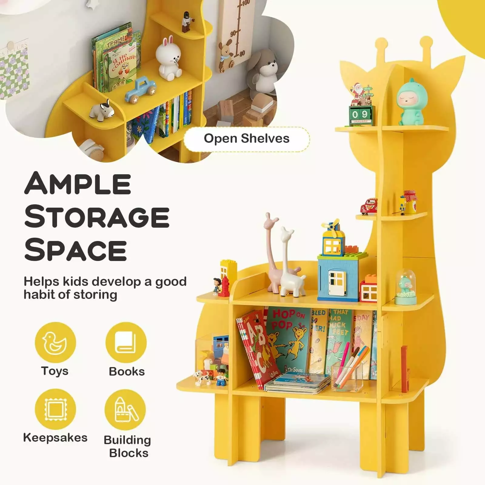 Laicejoy Giraffe Bookcase Kids 4-Tier Toy Storage Organizer Open Storage Shelves