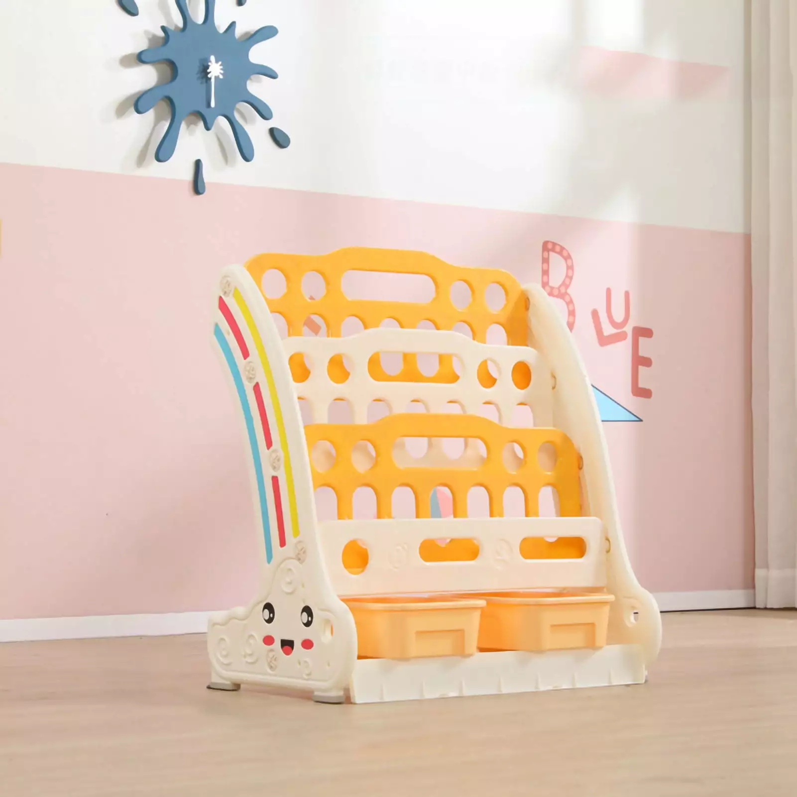 Children Bookshelf Kindergarten Picture Books Storage Rack Floor Standing Bookshelf 4 Layers 54x60.5x32.5cm Losmplay