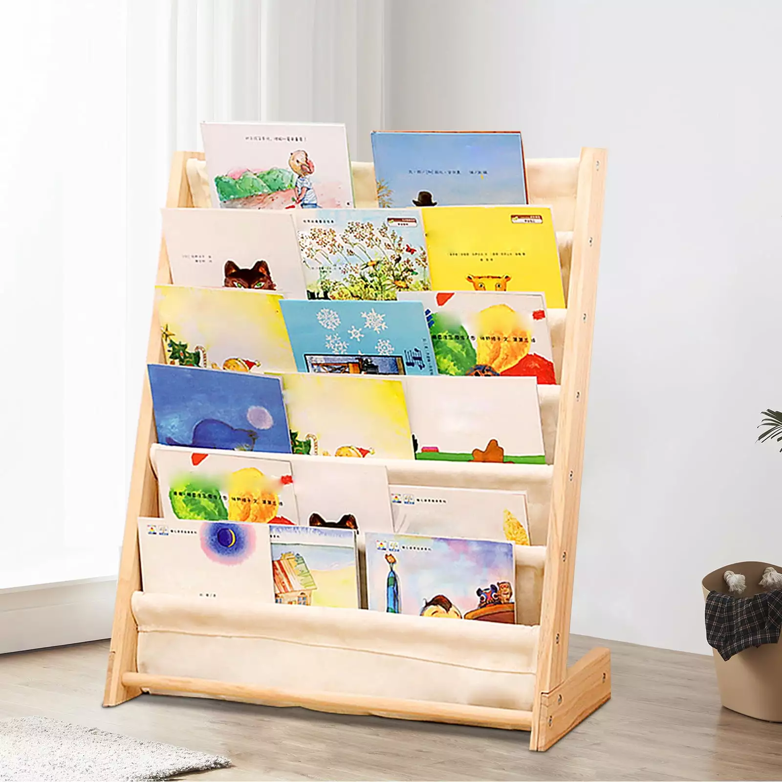 Loyalheartdy 6-Layer Kids Bookshelf Canvas Pine Foldable Book Shelf Organizer Toys Storage