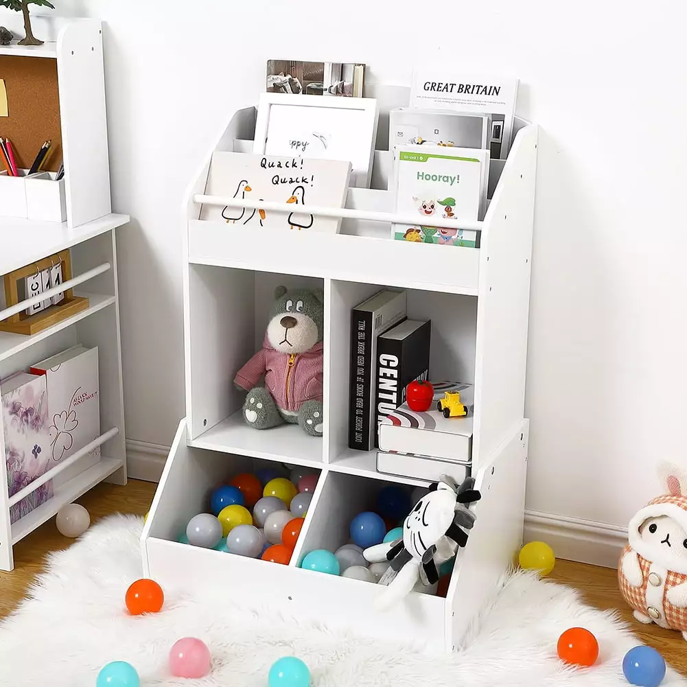 Kids Bookshelf and Toy Storage - Wood Book Shelf Organizer Toddler Playroom White Lumiparty