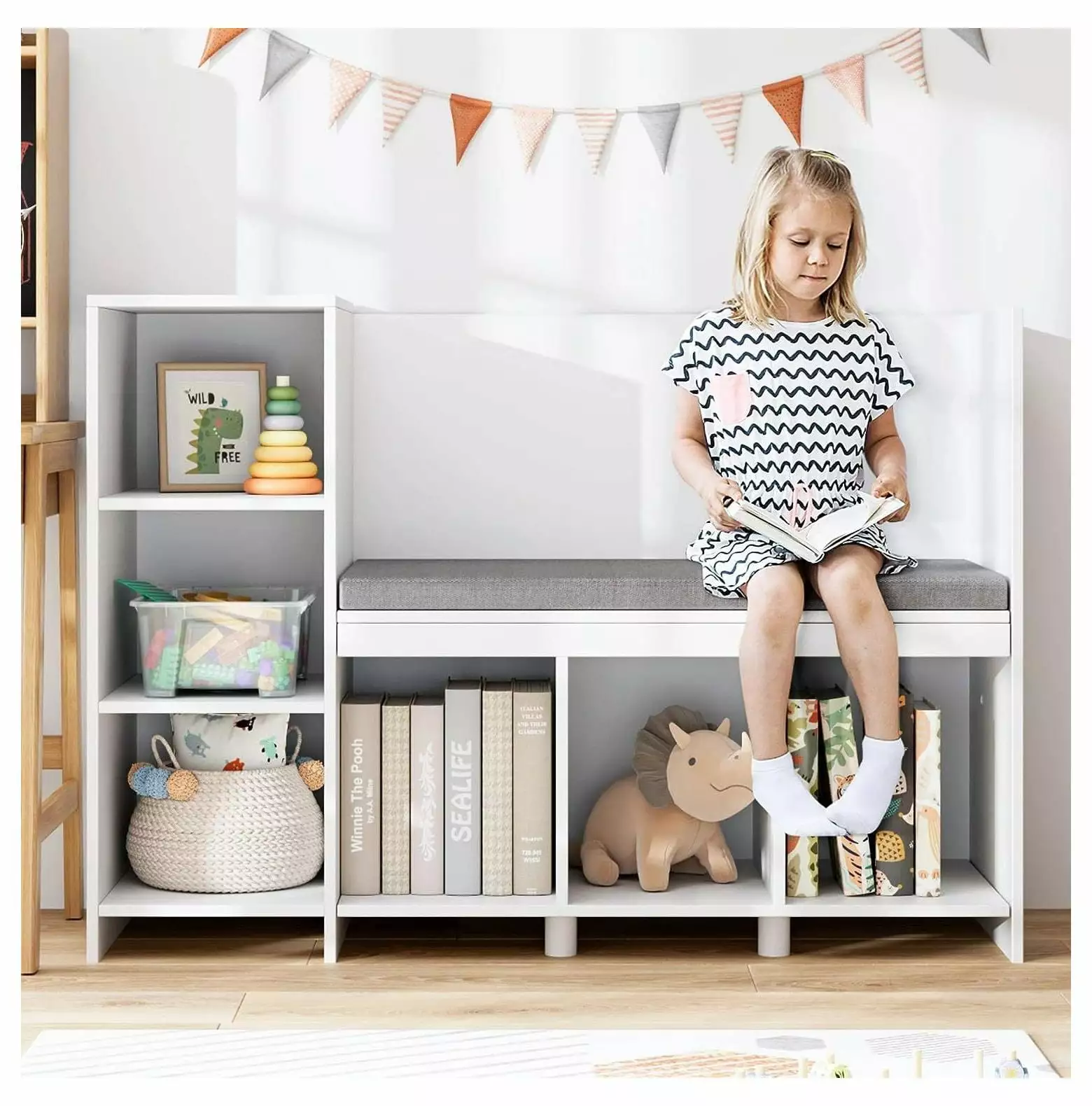 Lwory Kids Bookshelf Reading Nook 6-Cubby Bookcase Removable Seat Cushion Playroom White